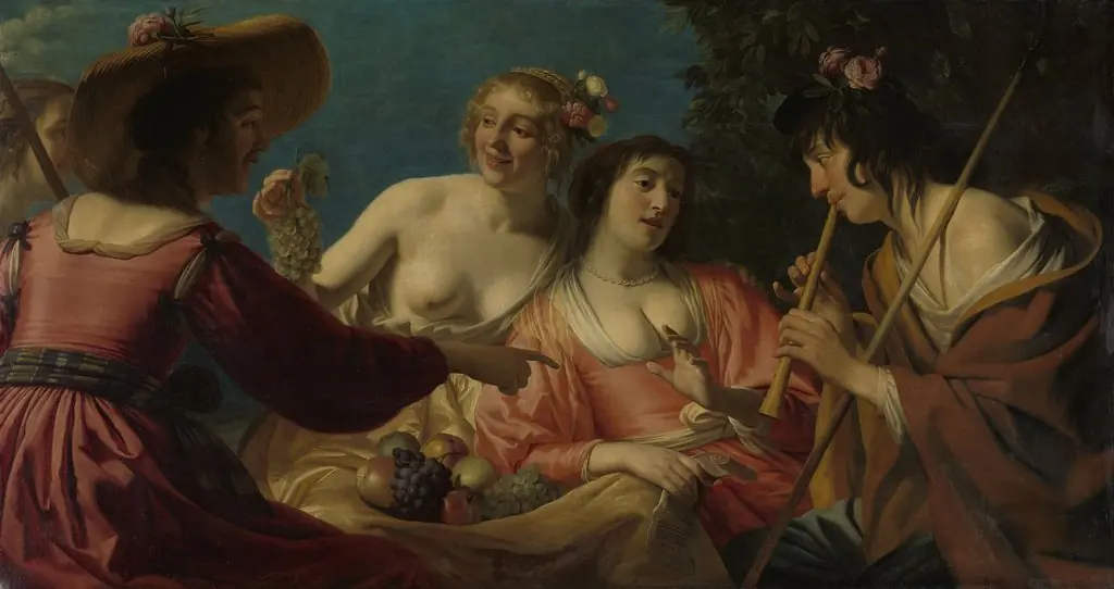 Shepherd playing the flute, and four shepherdesses