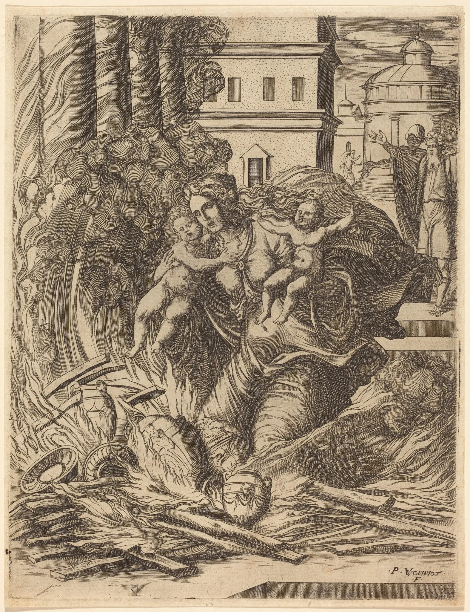 The Wife of Hasdrubal Throws Herself on the Fire, by Pierre II Woeiriot de Bouzey, ink, 1566