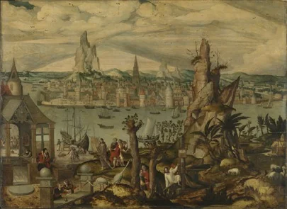 Imaginary view of Antwerp with scenes from the life of Saint Matthew, by Master of the Brussels Calling of Saint Matthew, oil, 1550