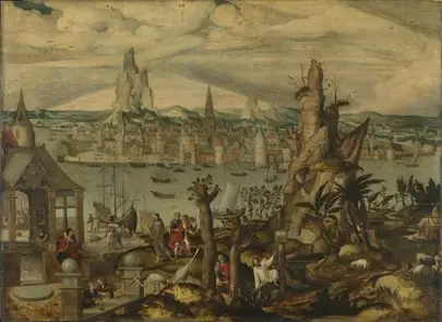 Imaginary view of Antwerp with scenes from the life of Saint Matthew