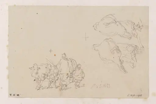 Two figures with a cow and calf; and two Macanese women