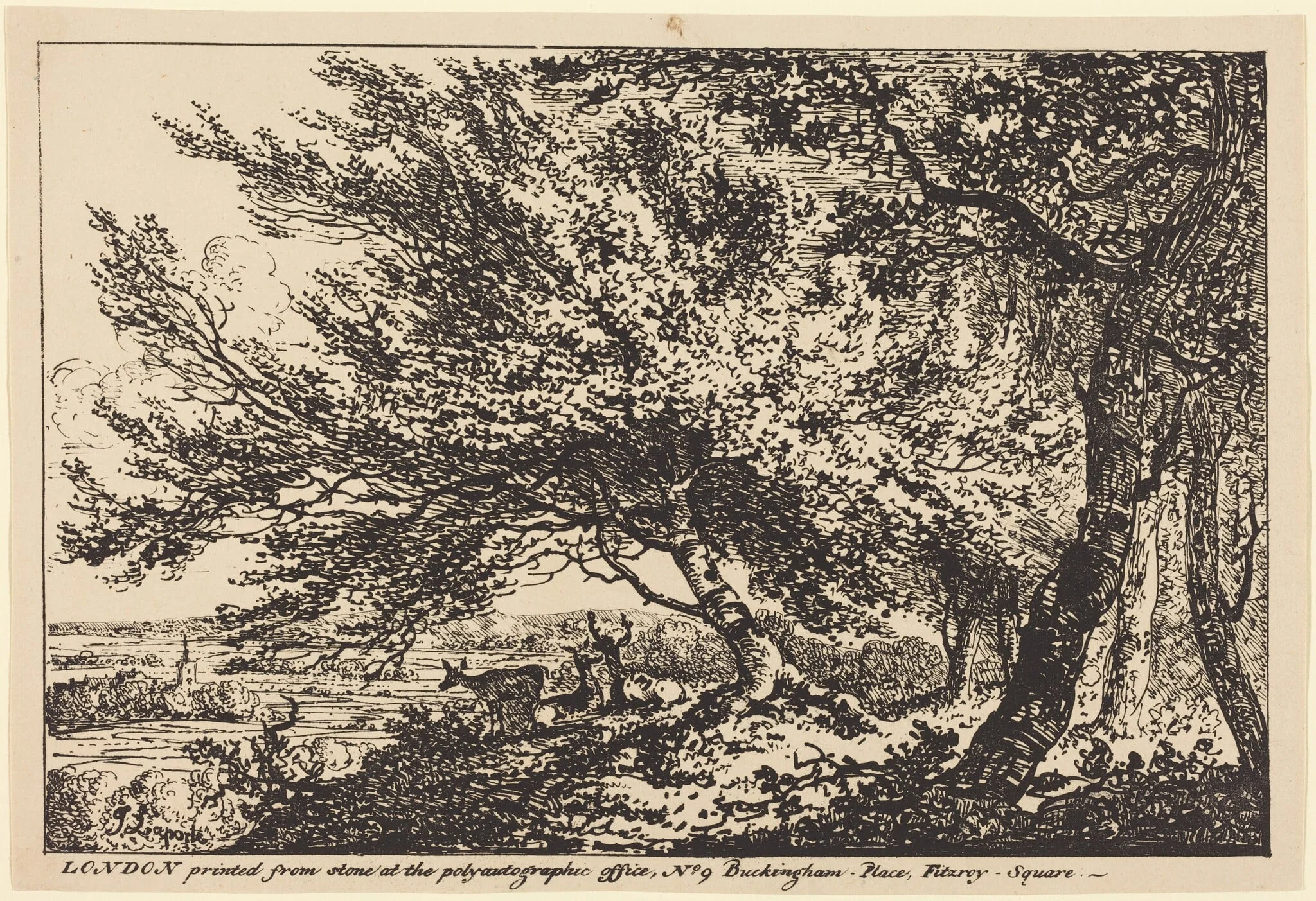 Landscape with Deer under Trees, by John Laporte, ink, 1807