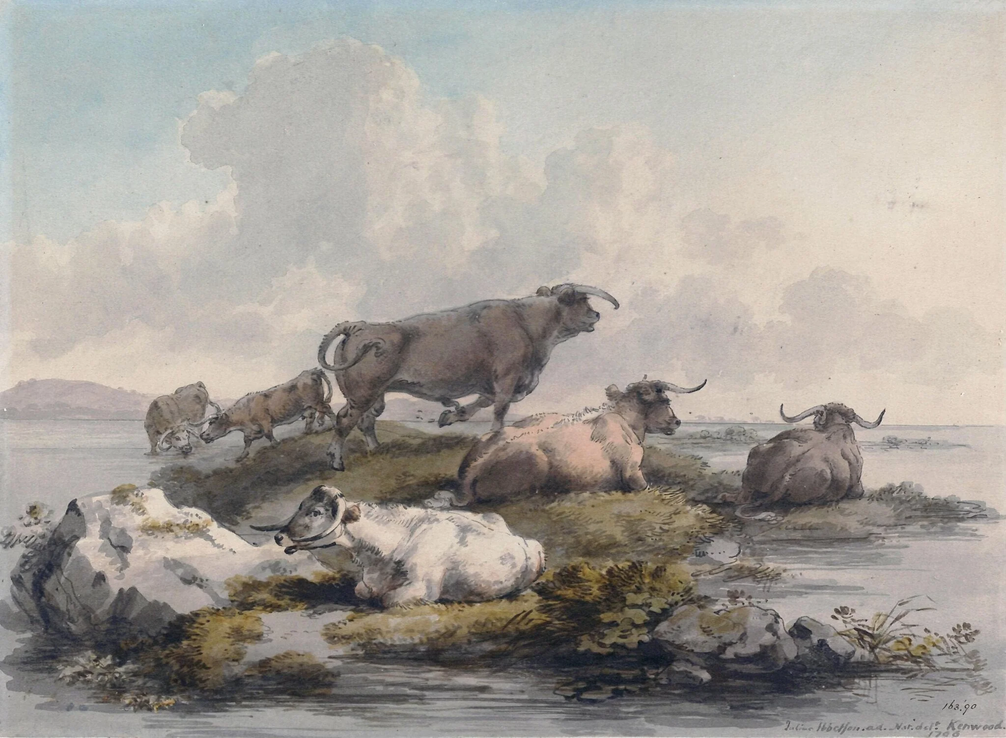 Cattle on rocky ground surrounded by water, by Julius Caesar Ibbetson, watercolor, 1796