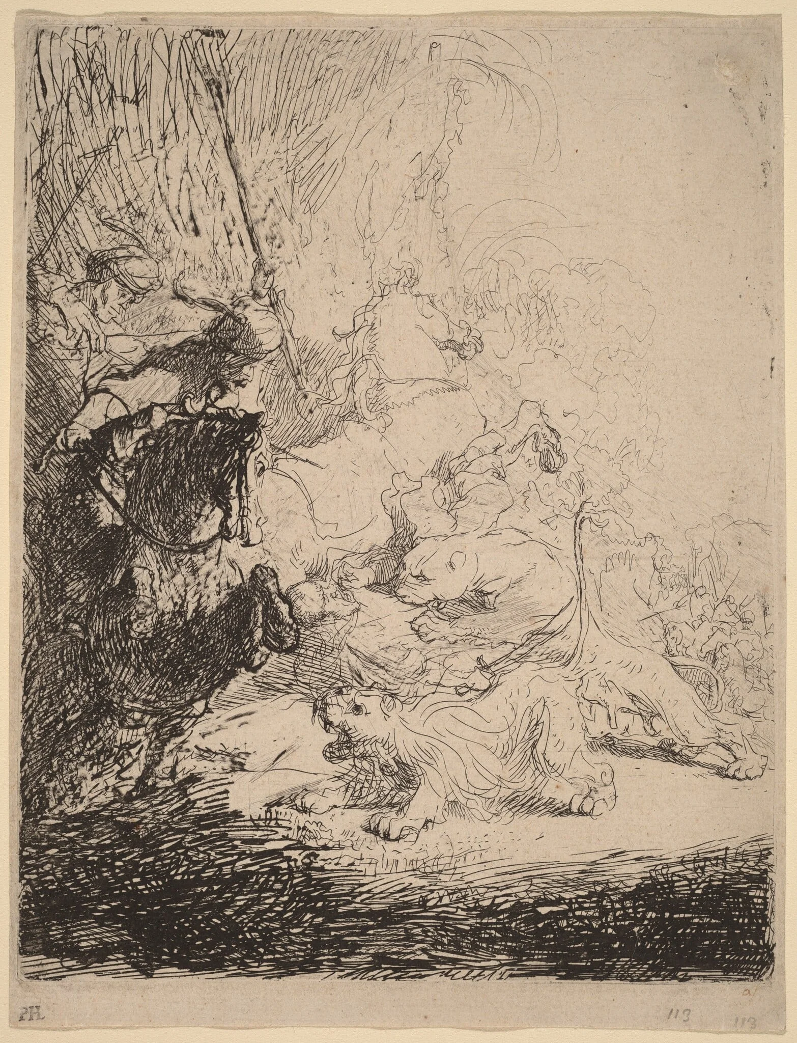 The Small Lion Hunt (with Two Lions), by Rembrandt, ink, 1632