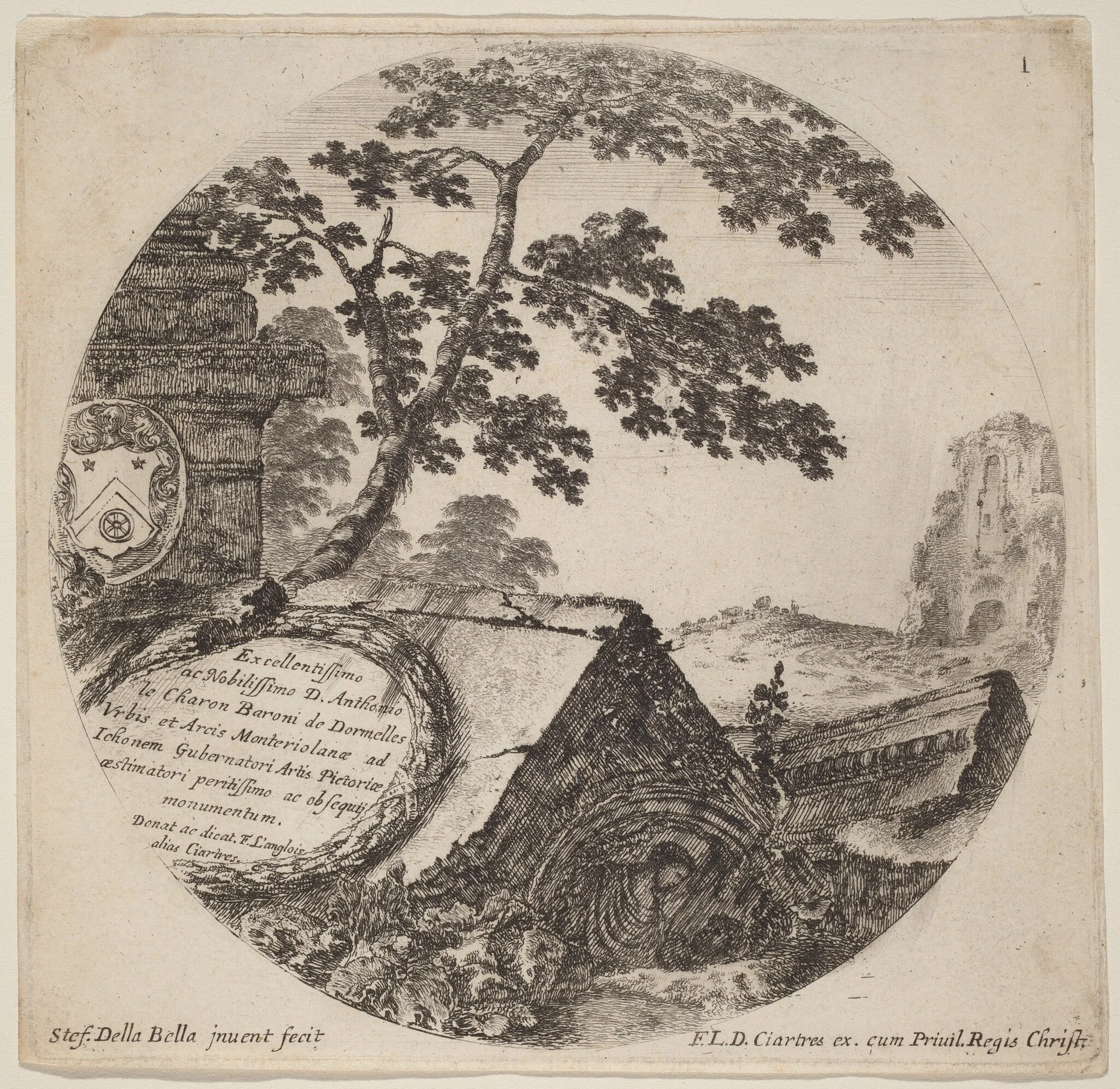 Title Page for "Paysages et ruines de Rome", by Stefano Della Bella, ink, 1646