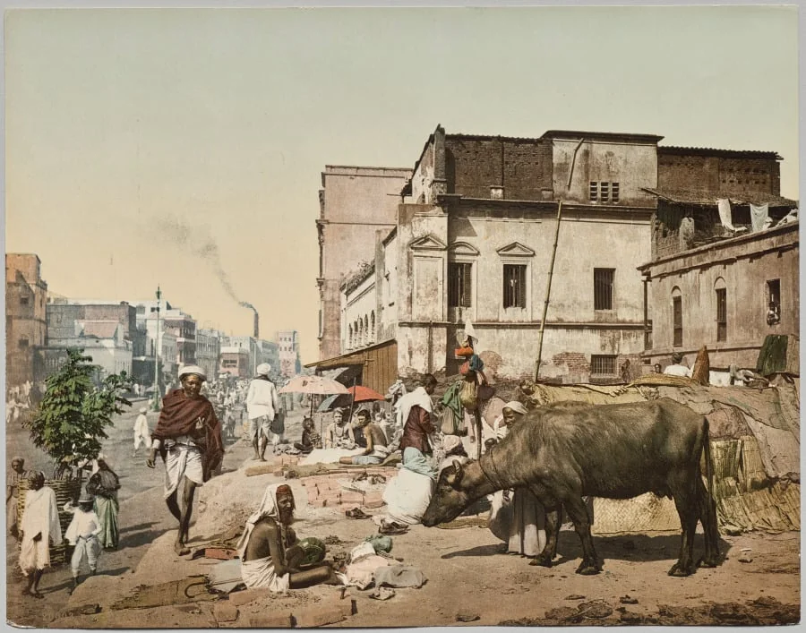 India. Calcutta. Harrison Road I with Group of Jogees, after photo by Dr. Kurt Boeck, by Photoglob Co., 1900