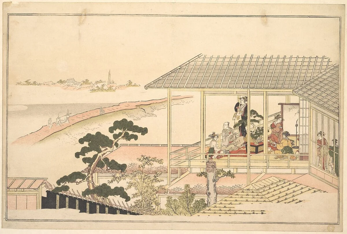 狂月坊|A Party of Merrymakers in a House in the Yoshiwara on a Moonlight Night, by Kitagawa Utamaro, ink, 1789