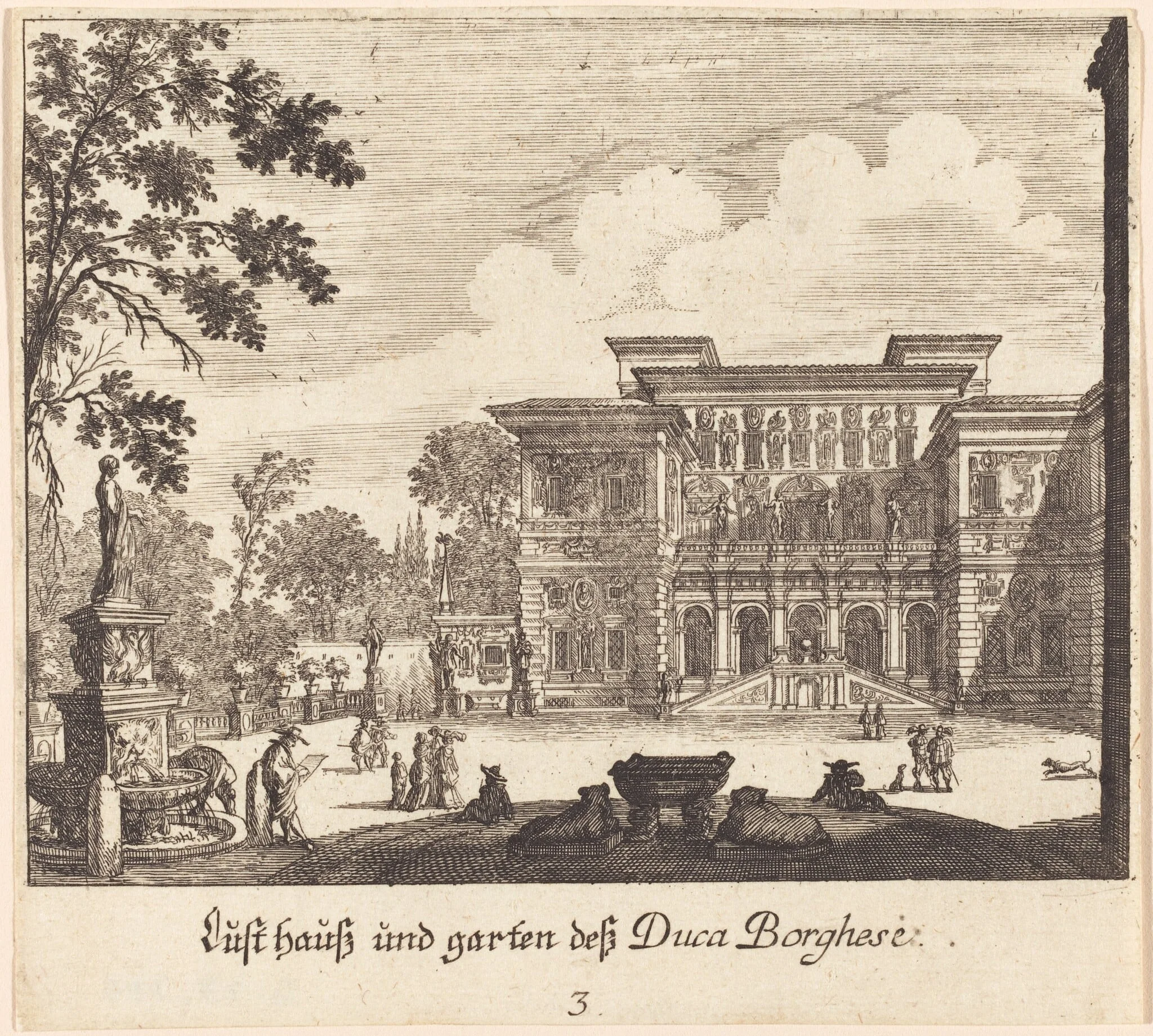 Borghese Palace and Gardens, by Melchior Küsel, ink, 1681