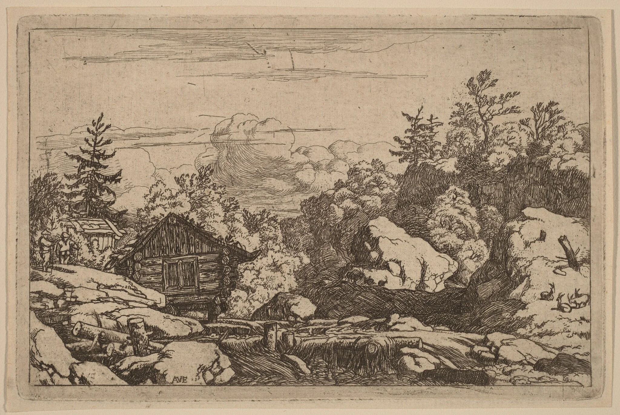 Cottages at the Bank, by Allart van Everdingen, ink, 1650
