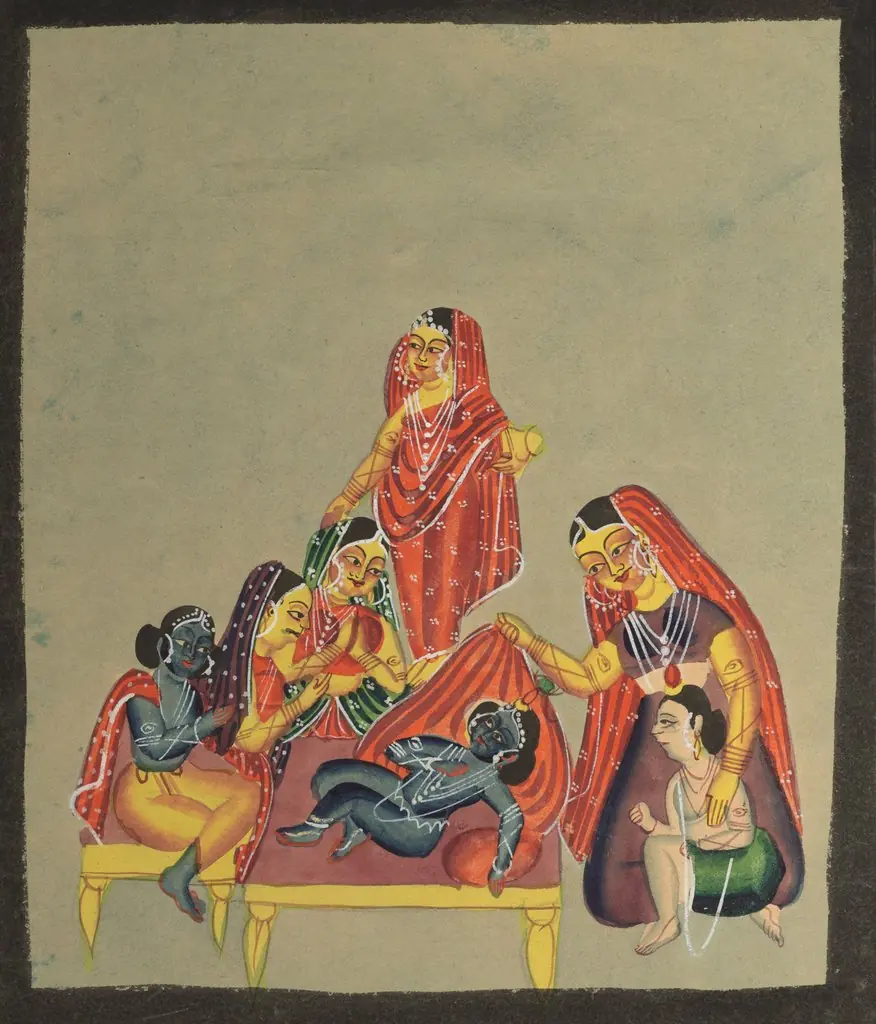 Worship of the Infant Krishna, from a Kalighat album