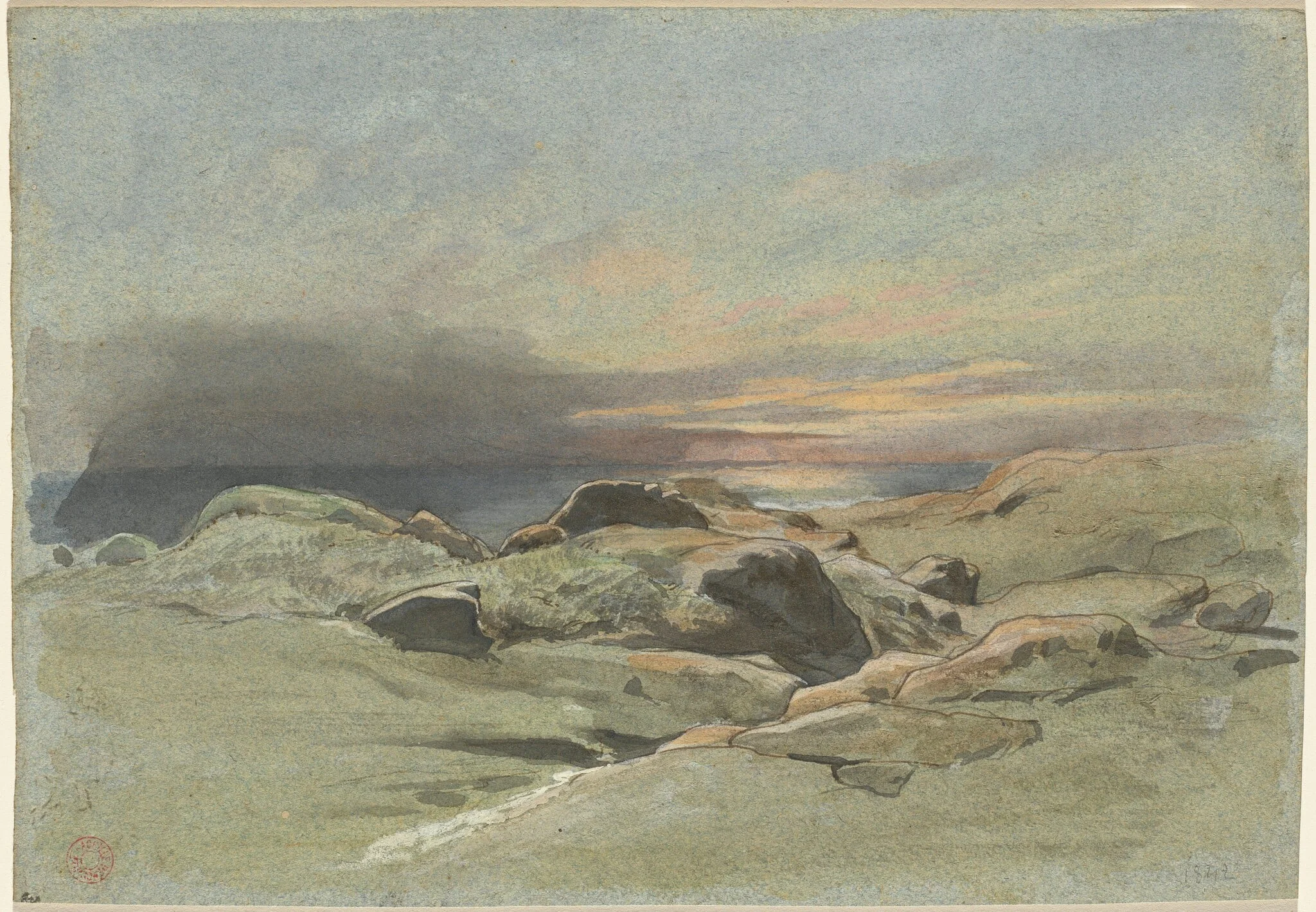 Sunset from a Rocky Coastline, by Jean Achille Benouville, ink, 1842