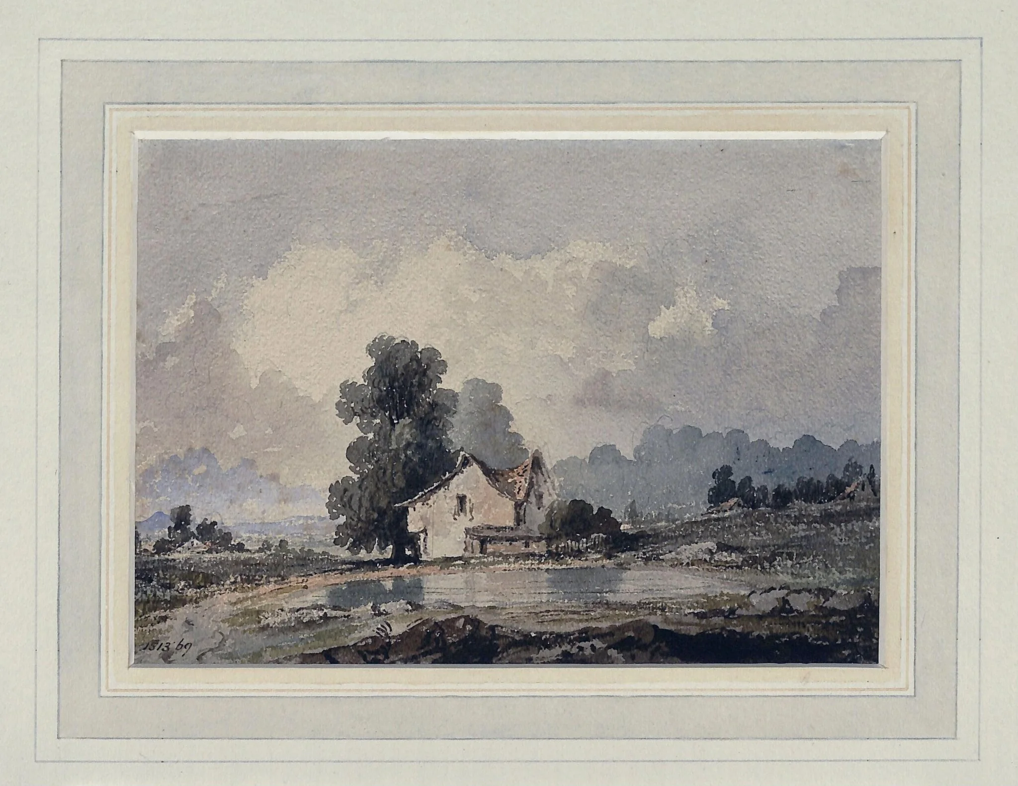 Landscape with pond and cottage