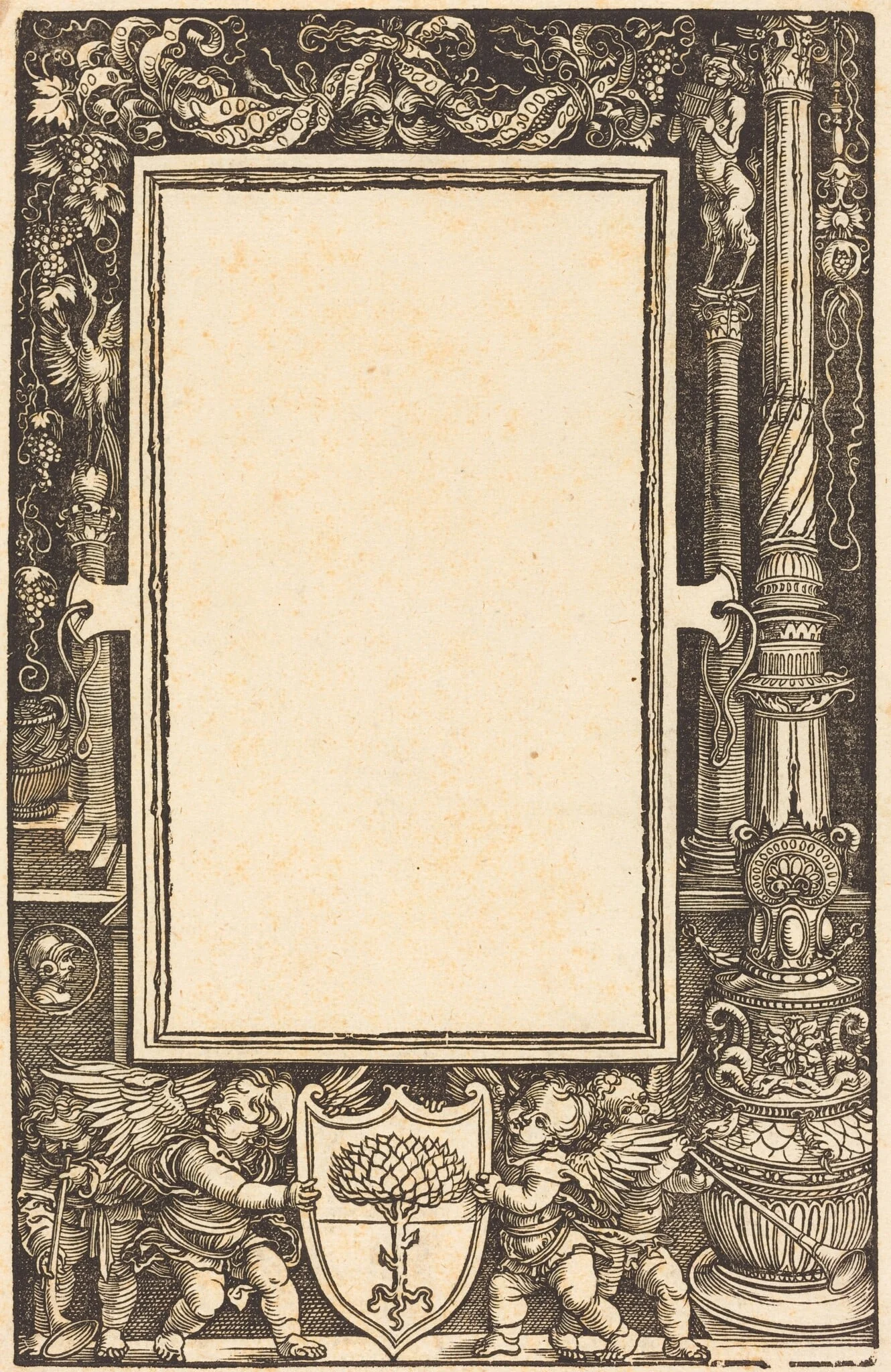 Title-Border with Putti Holding the Pirckheimer Arms, by Albrecht Dürer, ink, 1513