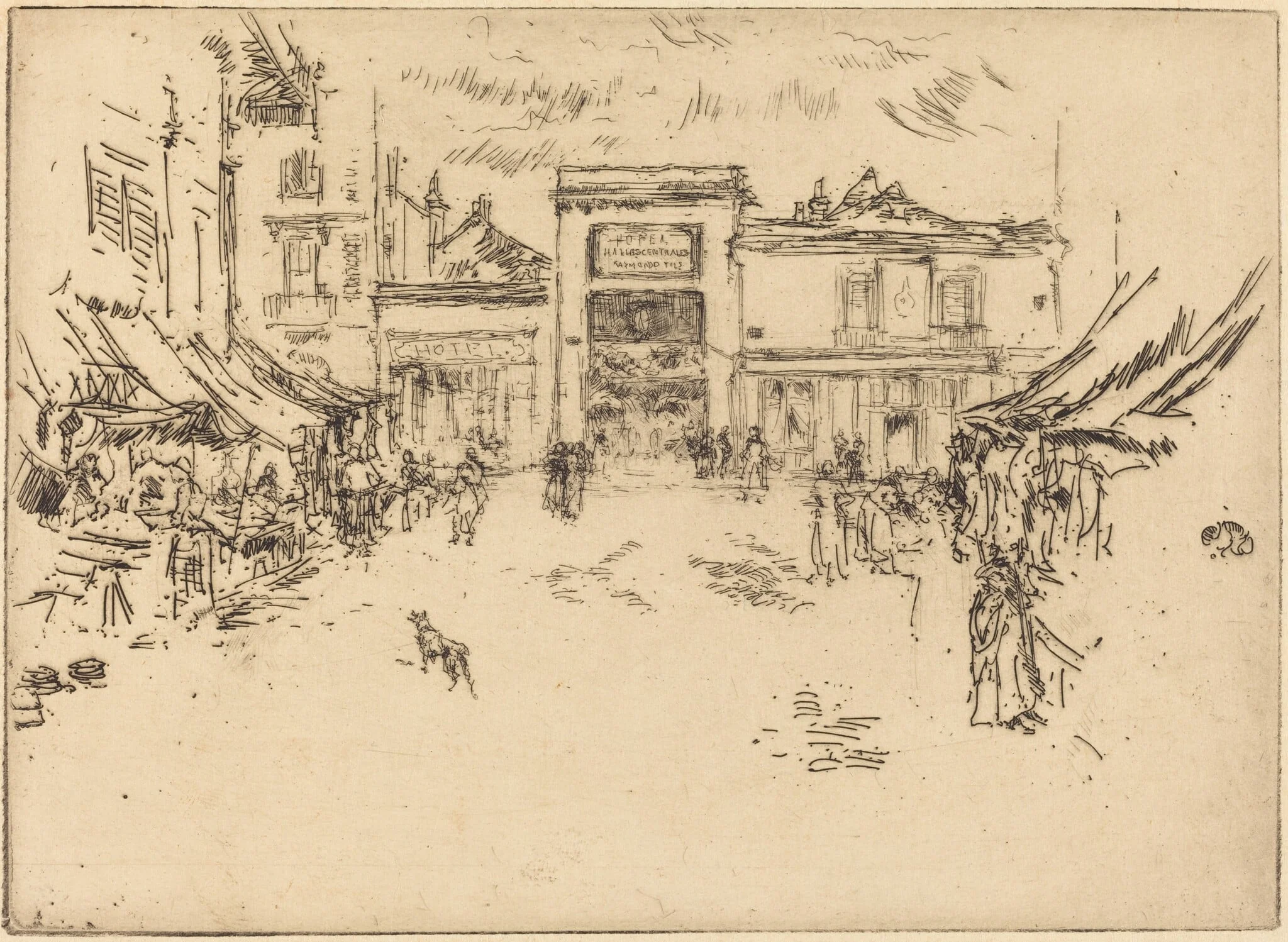 Little Market Place, Tours, by James McNeill Whistler, ink, 1888