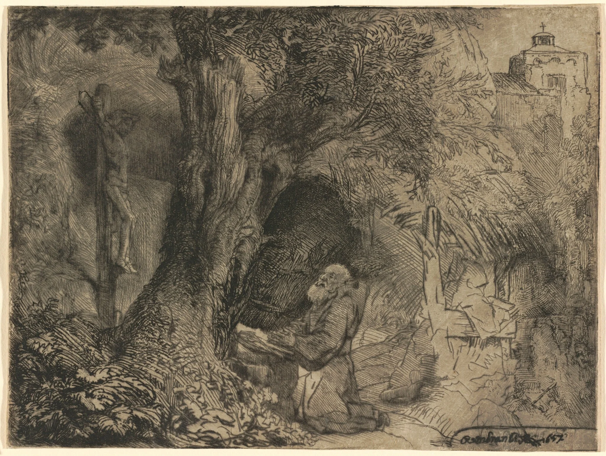 Saint Francis beneath a Tree Praying, by Rembrandt, ink, 1657