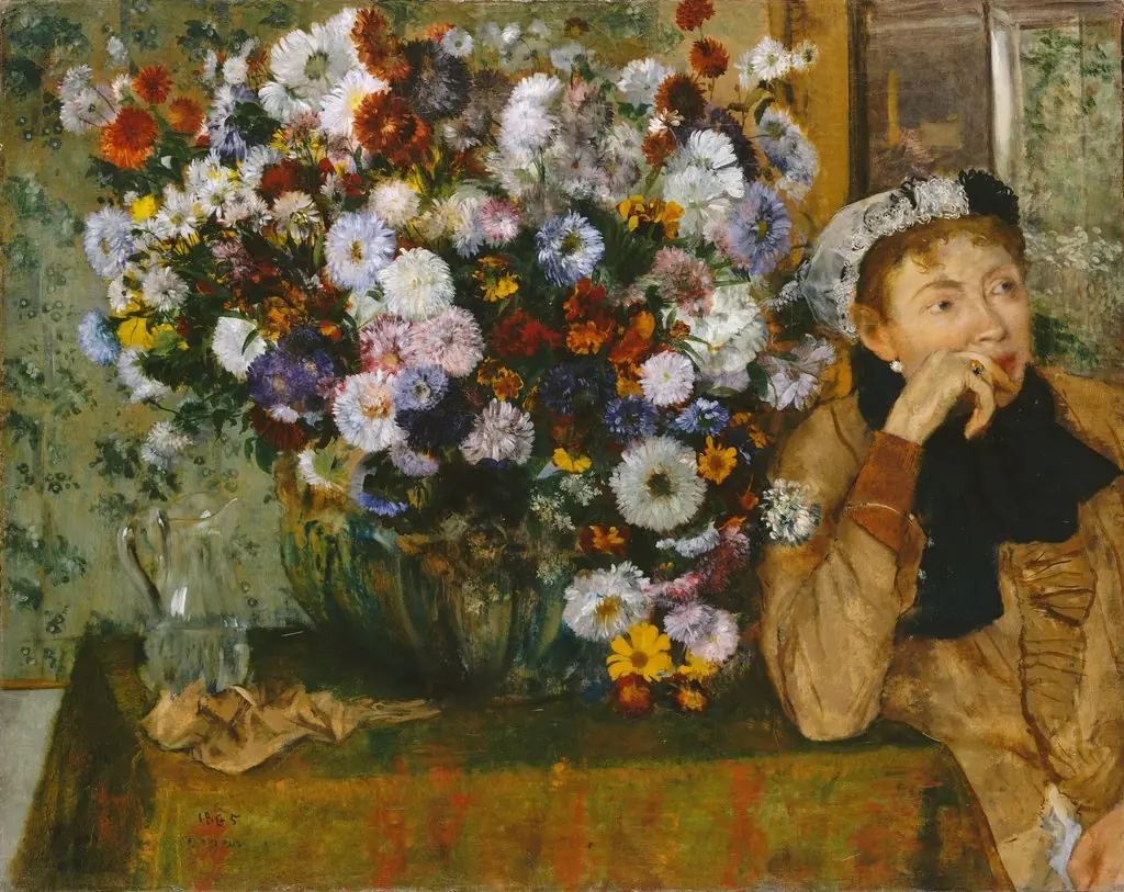 A Woman Seated beside a Vase of Flowers