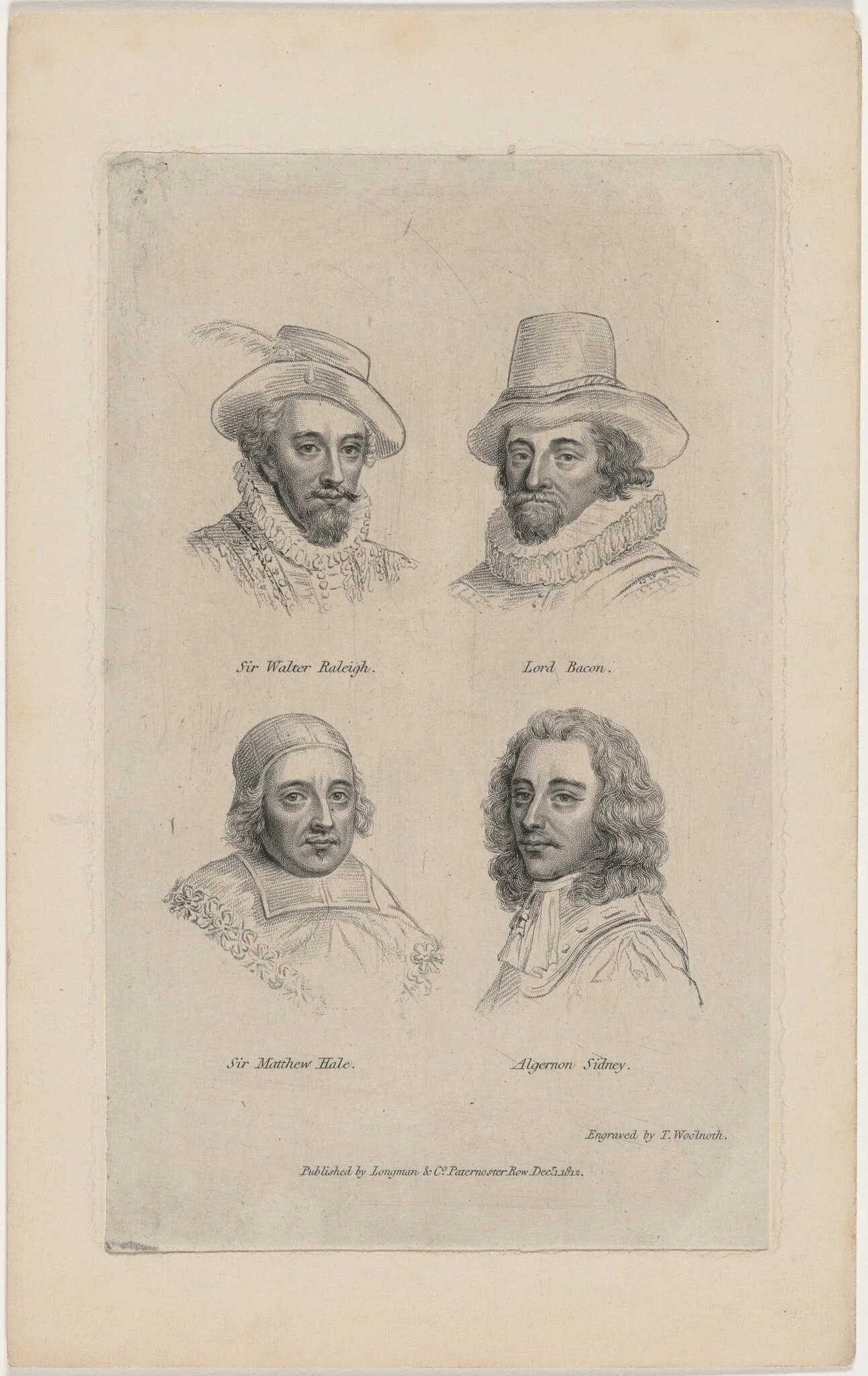 Portraits of Sir Walter Raleigh, Lord Bacon, Algernon Sidney, and Sir Matthew Hale, by Thomas Woolnoth, 1821
