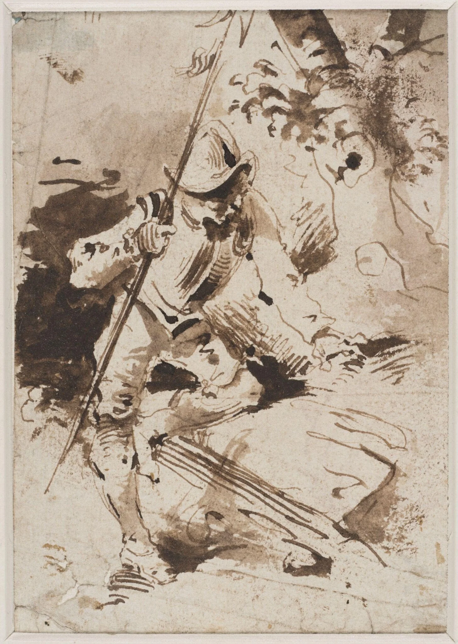 A halberdier resting his left hand and knee on a  rock, with a tree in the backgroud, by Salvator Rosa, 1650