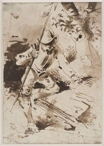 	A halberdier resting his left hand and knee on a  rock, with a tree in the backgroud
