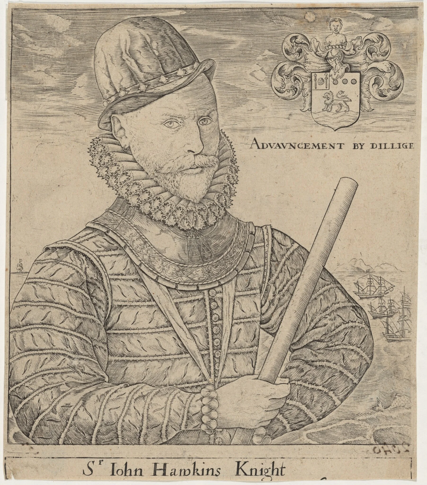Sir John Hawkins, Naval Commander, by Robert Boissard, ink, 1610
