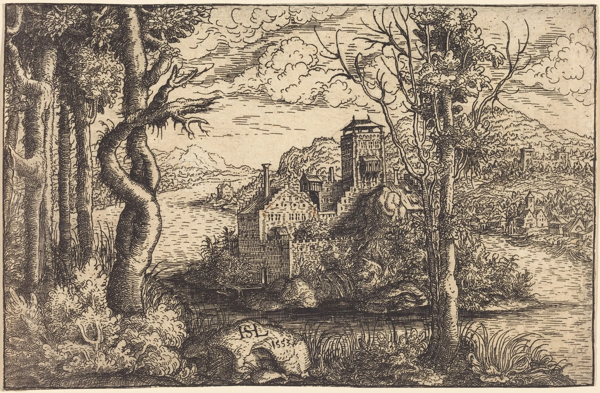 View on a River with a Castle on an Island, by Hanns Lautensack, ink, 1553