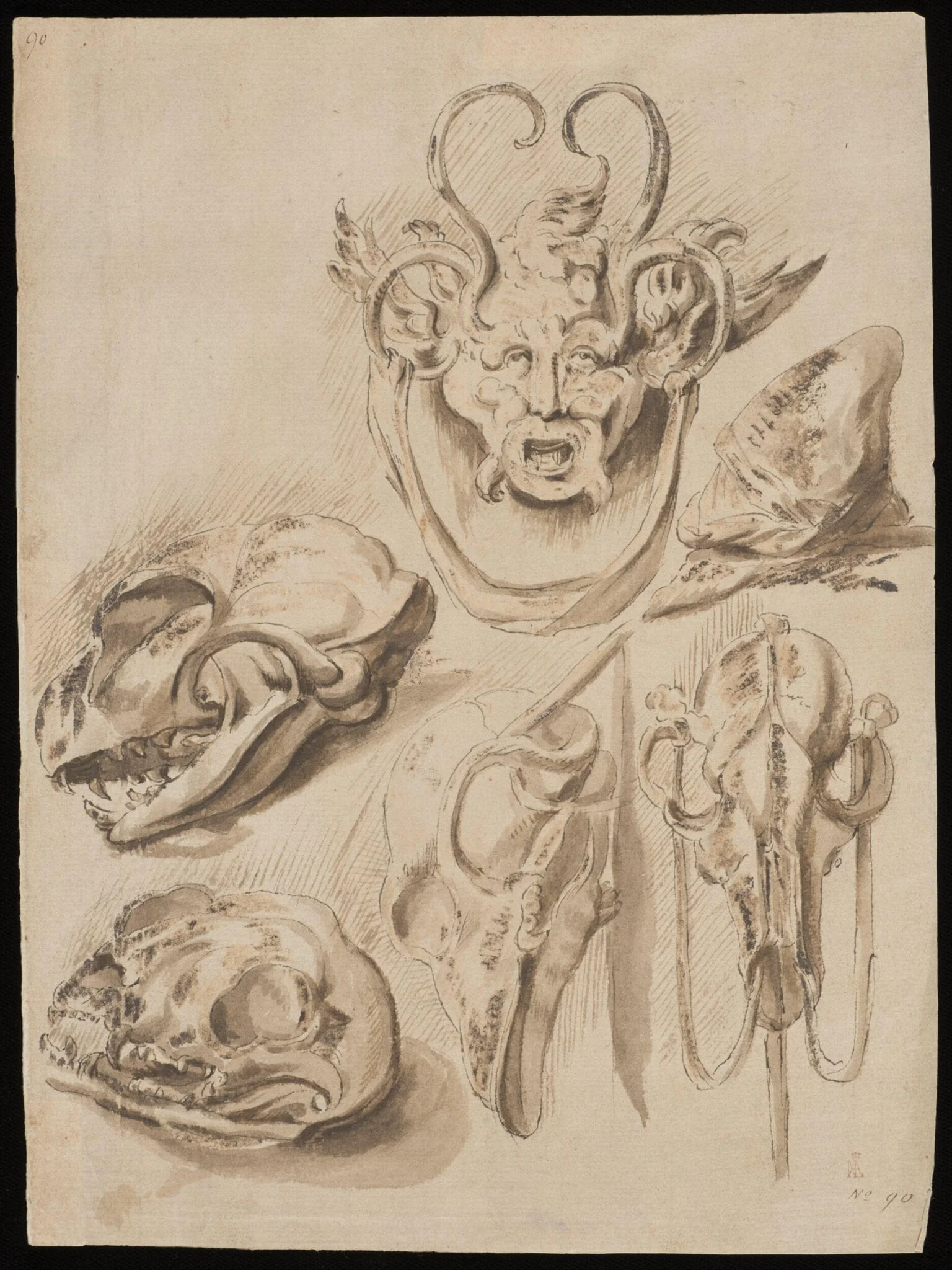 grotesque mask and animal skull, by Unknown, 1550