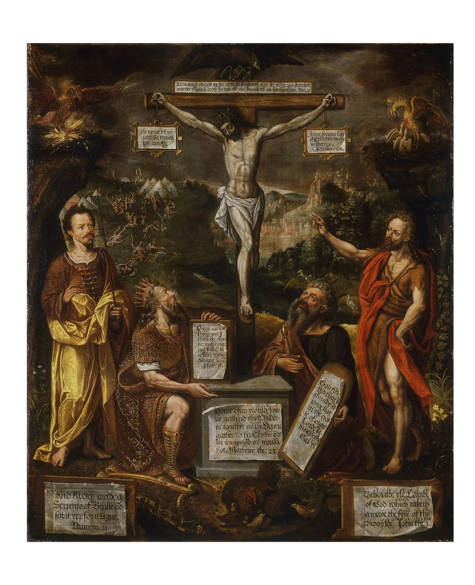 The Crucifixion with Moses, David, St Paul and St John the Baptist, by Unknown, paint, 1600
