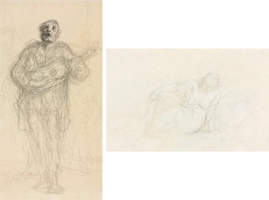 Singing Guitarist (recto); Reclining Woman Leaning on Her Arm (verso), by Honoré Daumier, 1858