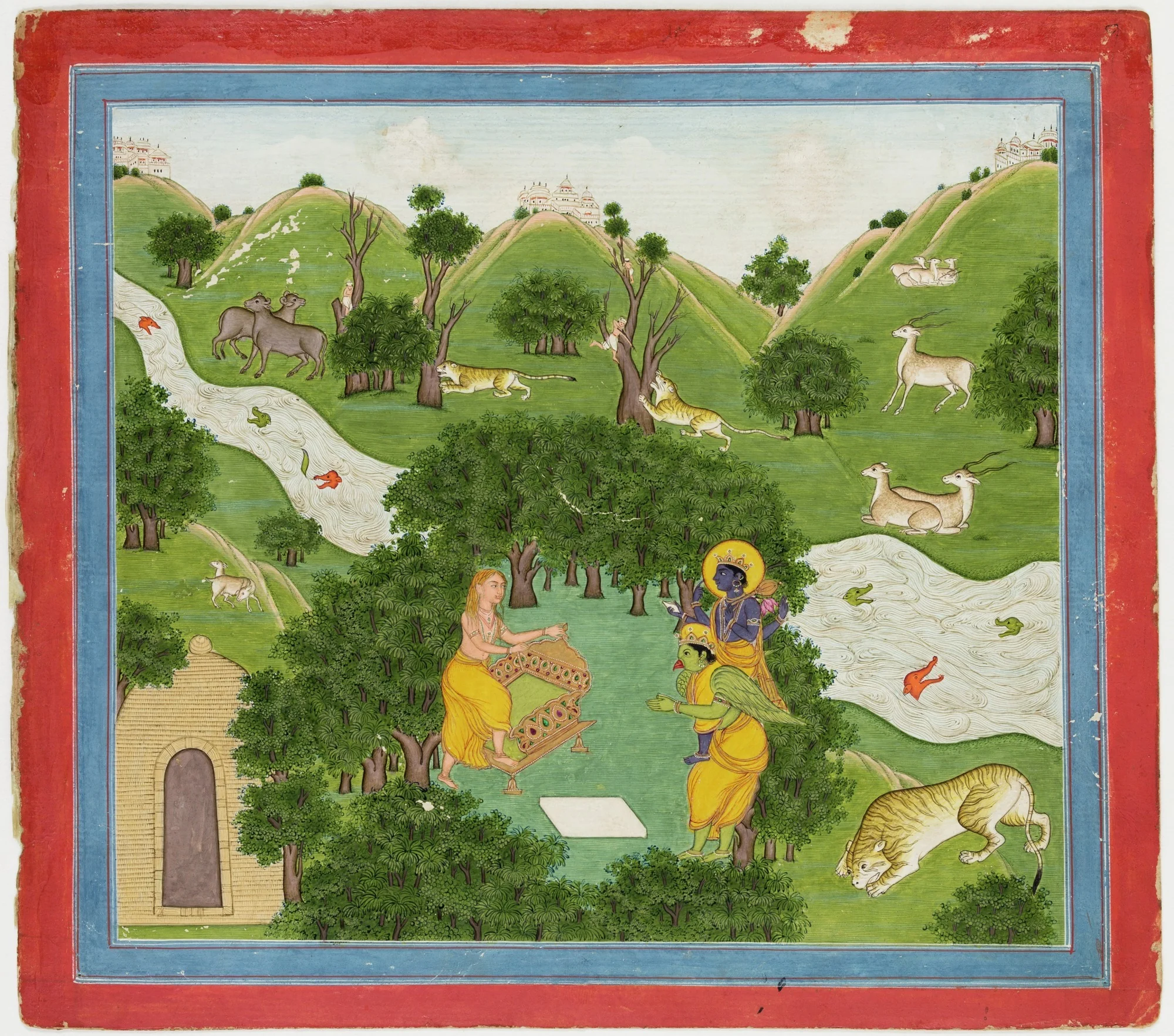 Illustrations to Life of Dhurva Maharaj: #20 God gives Dhurva his throne upon which he can fly anywhere, by Unknown, unspecified, 1800