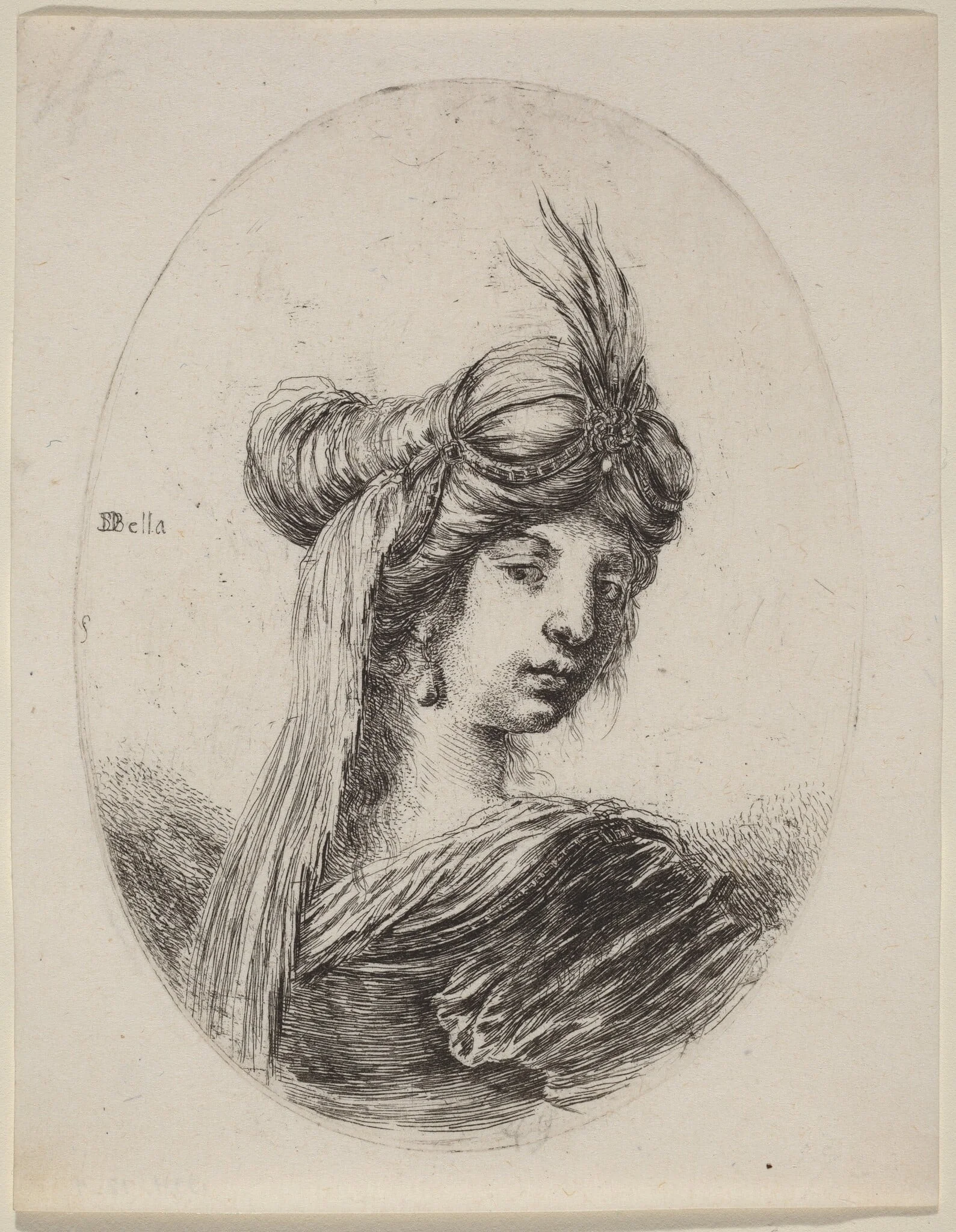 Woman in a Feathered Turban with a Veil, Turned to the Right, by Stefano Della Bella, ink, 1650