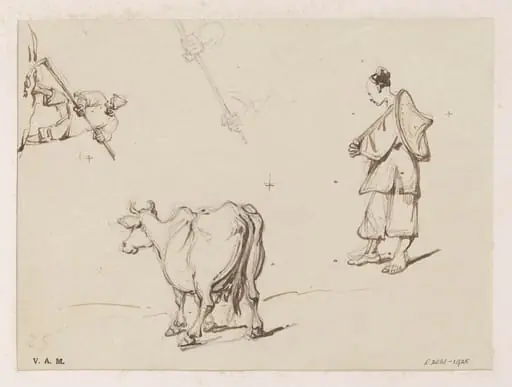Drawings of figures and a cow