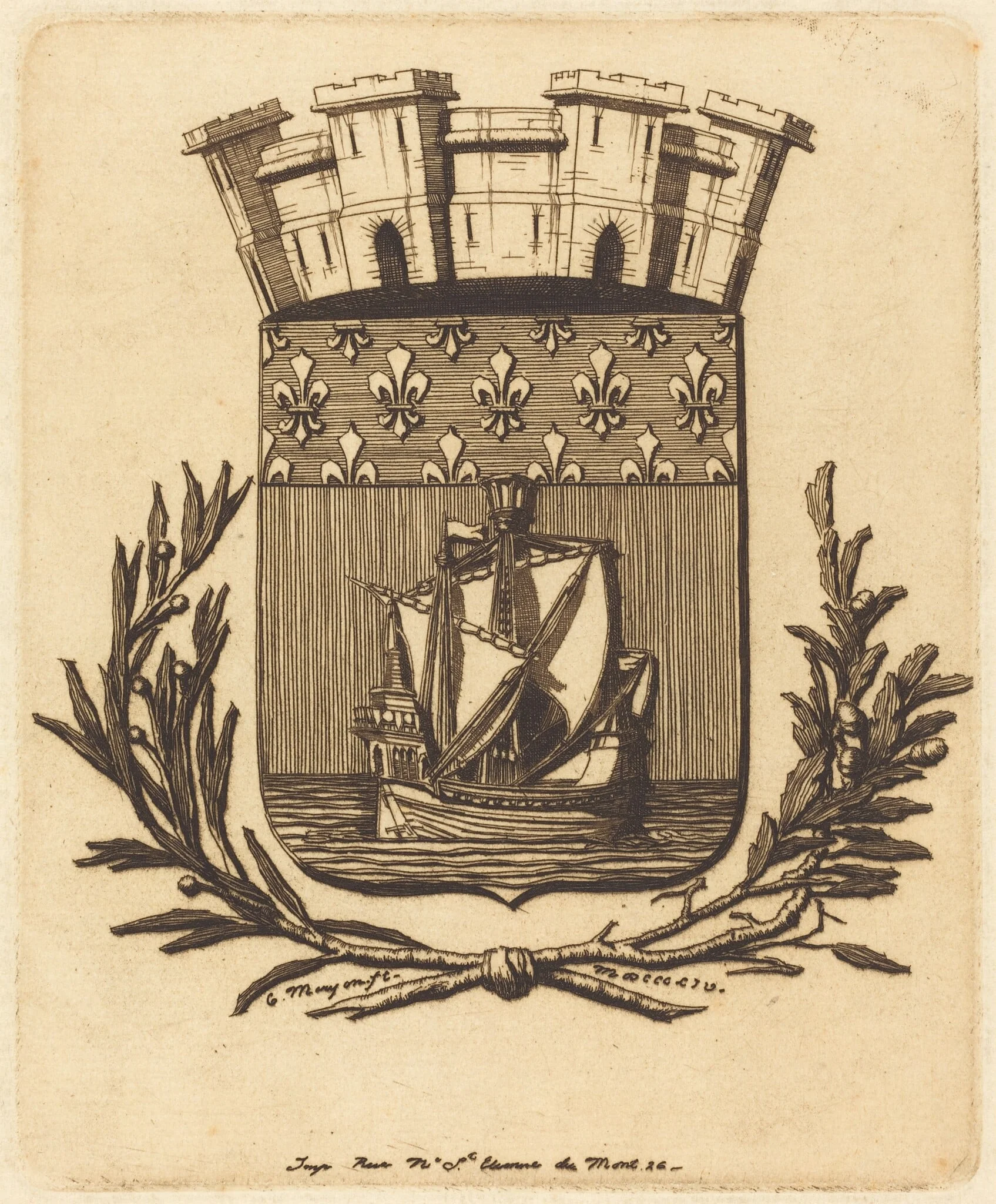 Armes symboliques de la ville de Paris (Symbolical Arms of the City of Paris), by Charles Meryon, ink, 1854
