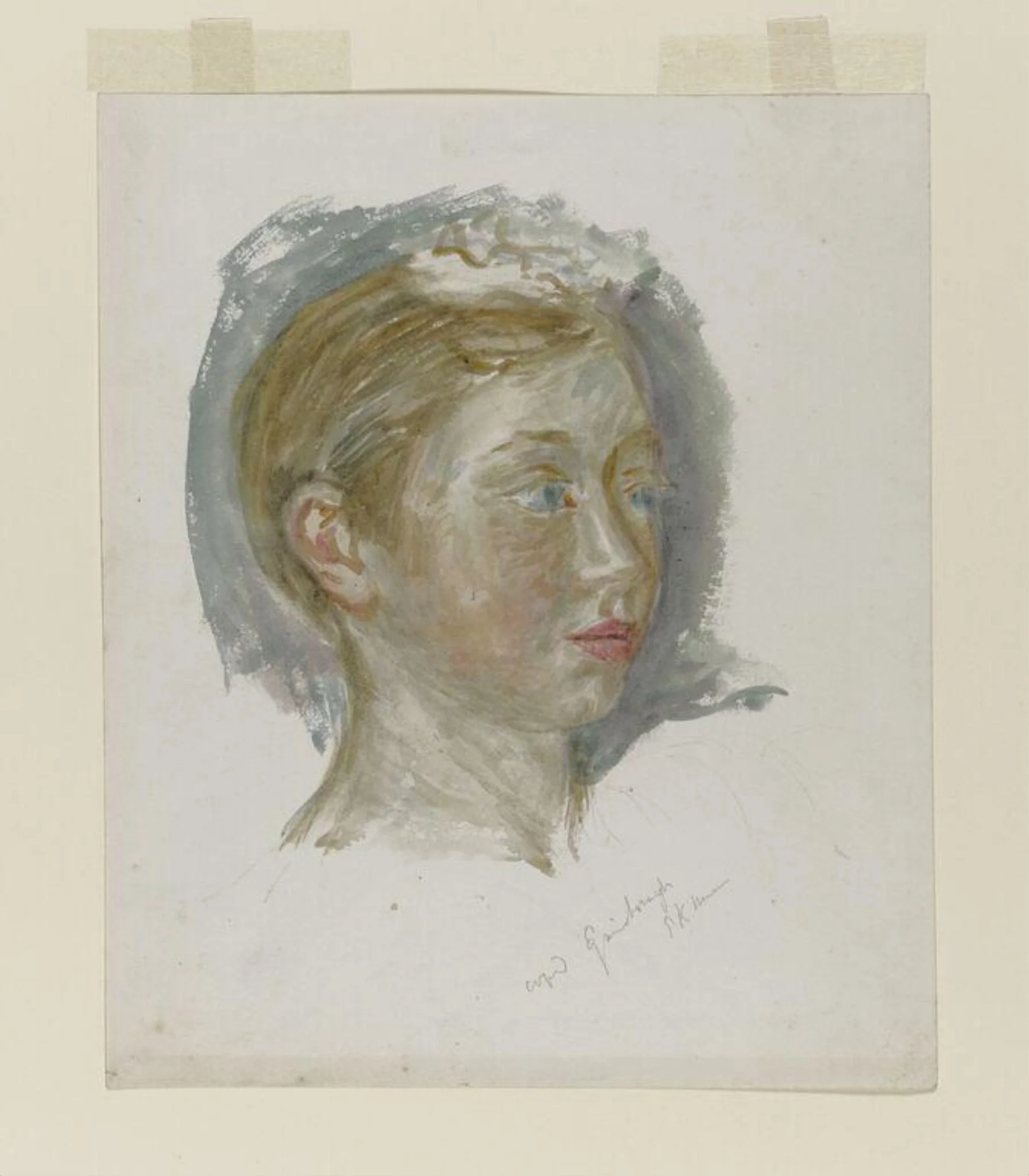 Mary Gainsborough, copied from Thomas Gainsborough's portrait of his two daughters, Mary and Margaret (ca.1758) in the Victoria and Albert Museum, by Beatrix Potter, watercolor, 1895