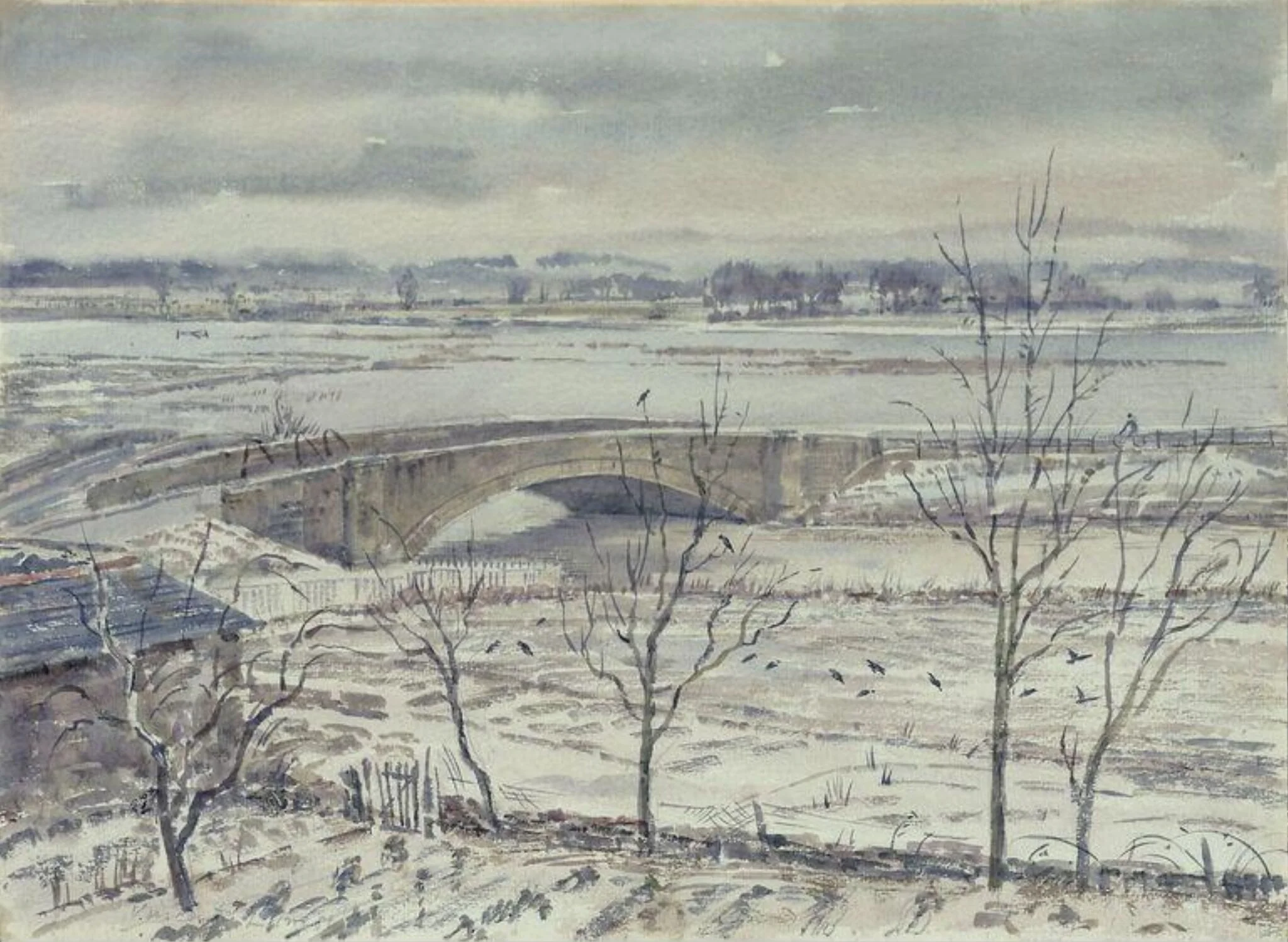 Floods at Pulborough, Sussex, by Vincent Lines, watercolor, 1934