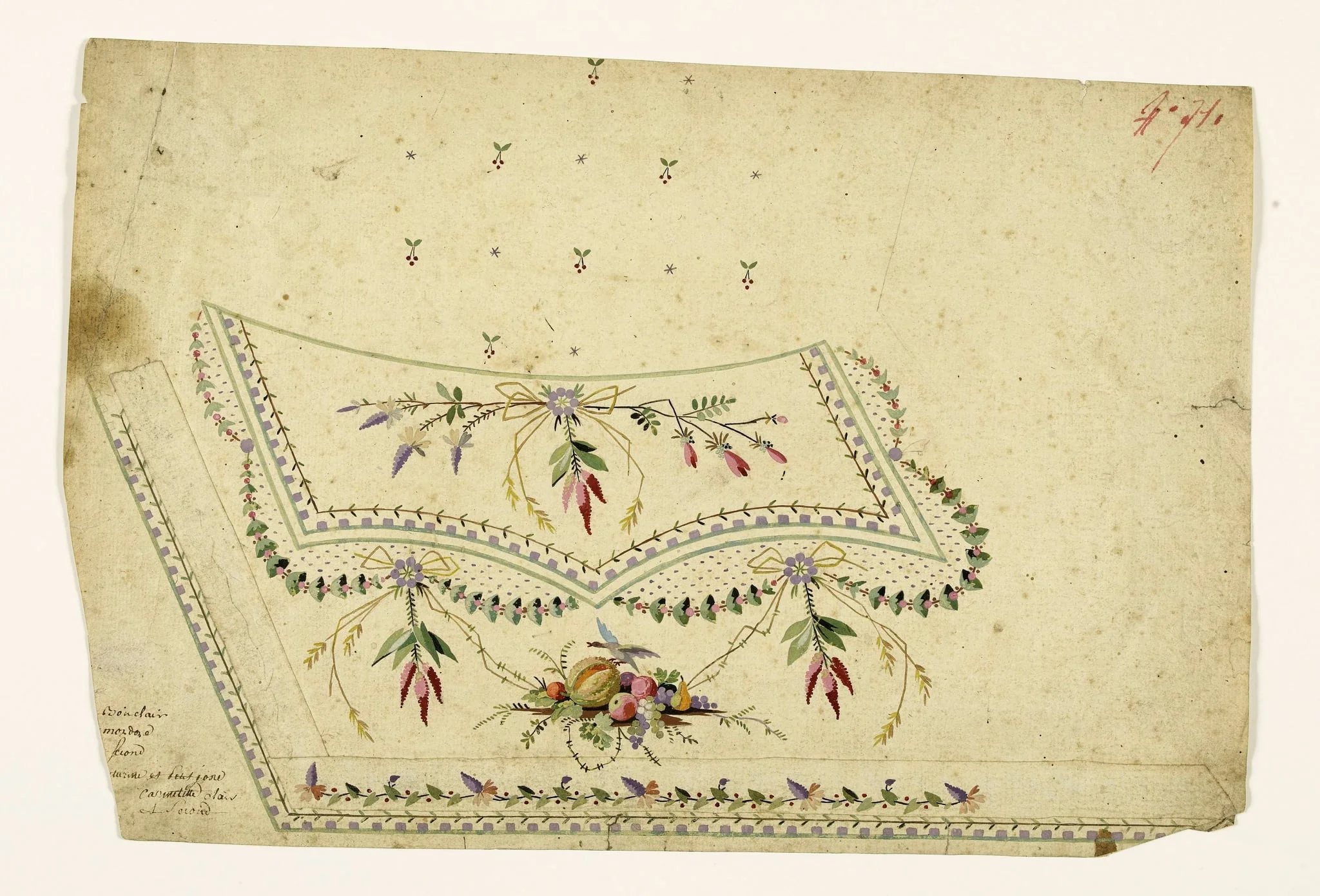 Composition avec trophée de fruits et volatile, guirlandes de fleurs stylisées à noeuds d'épis et de glycine, frises de denticules mauves, projets de broderies de gilet, XVIIIème siècle, by Anonyme, 1750