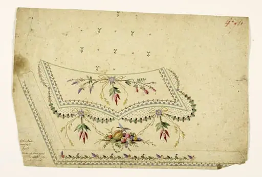 Composition avec trophée de fruits et volatile, guirlandes de fleurs stylisées à noeuds d'épis et de glycine, frises de denticules mauves, projets de broderies de gilet, XVIIIème siècle