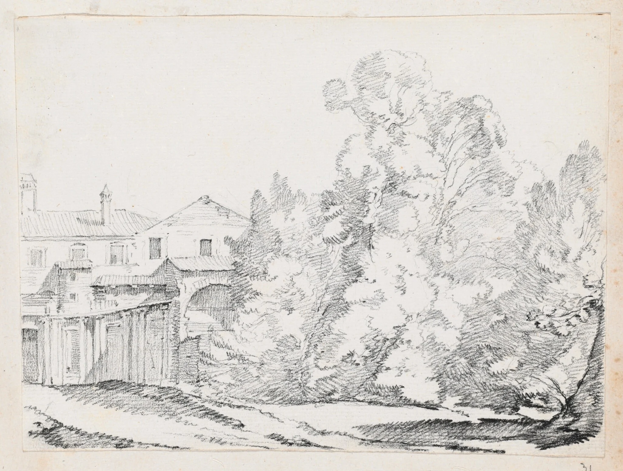Trees Screening a House Built on Ancient Ruins, by Joseph-Marie Vien, graphite, 1747