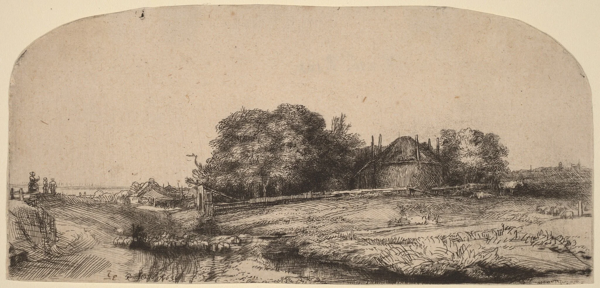 Landscape with a Hay Barn and a Flock of Sheep, by Rembrandt, ink, 1652