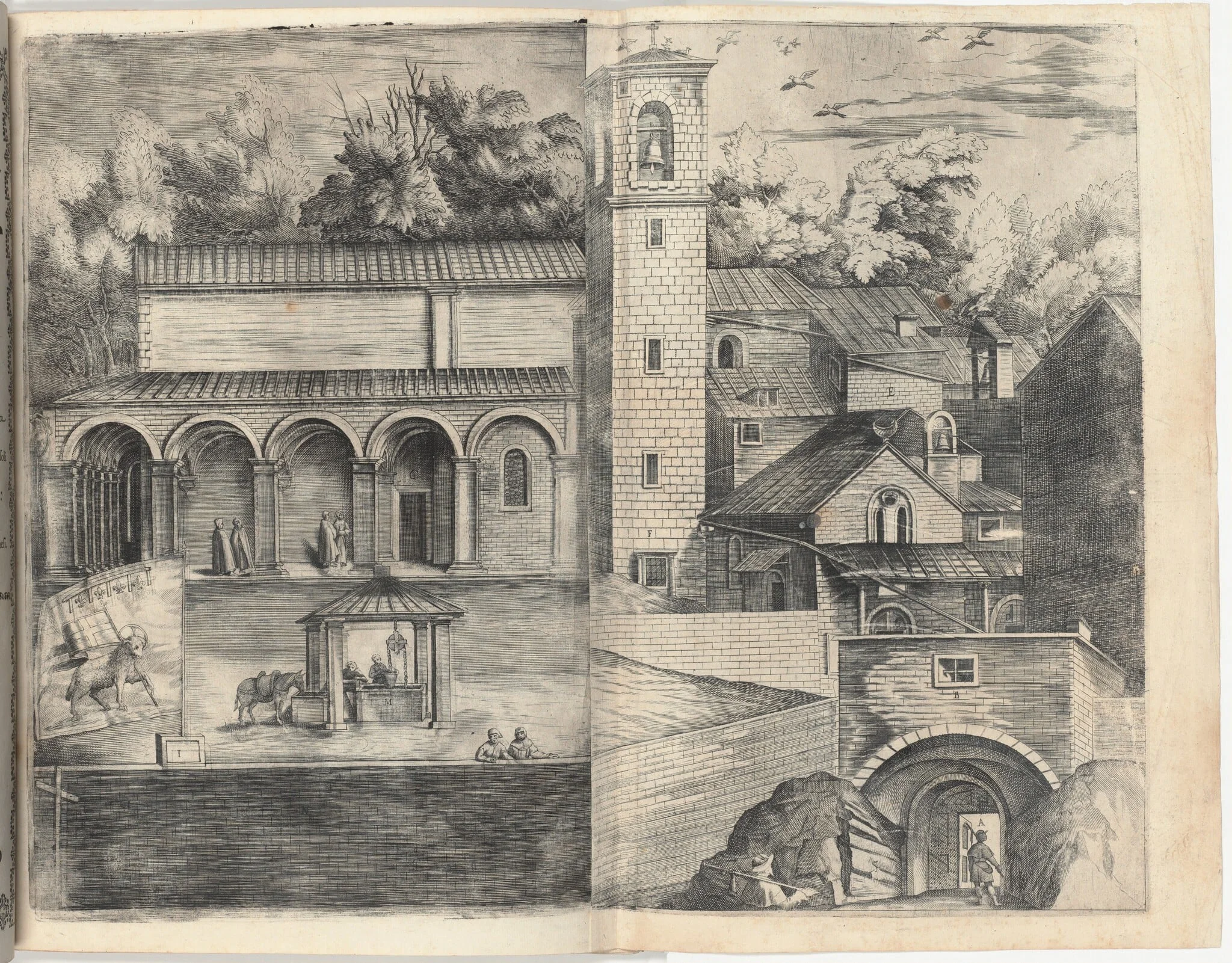 View of the Quadrant: the Main Door, the Square, the Church and the Loggia of the Monastery of the Monte della Vernia (Prospettiva dell'ingresso della prima porta, con la Piazza, Chiesa, & Loggie del Monastero del Monte della Vernia, come sta quest'Anno MDCXII) [plate D], by Jacopo Ligozzi, ink, 1612