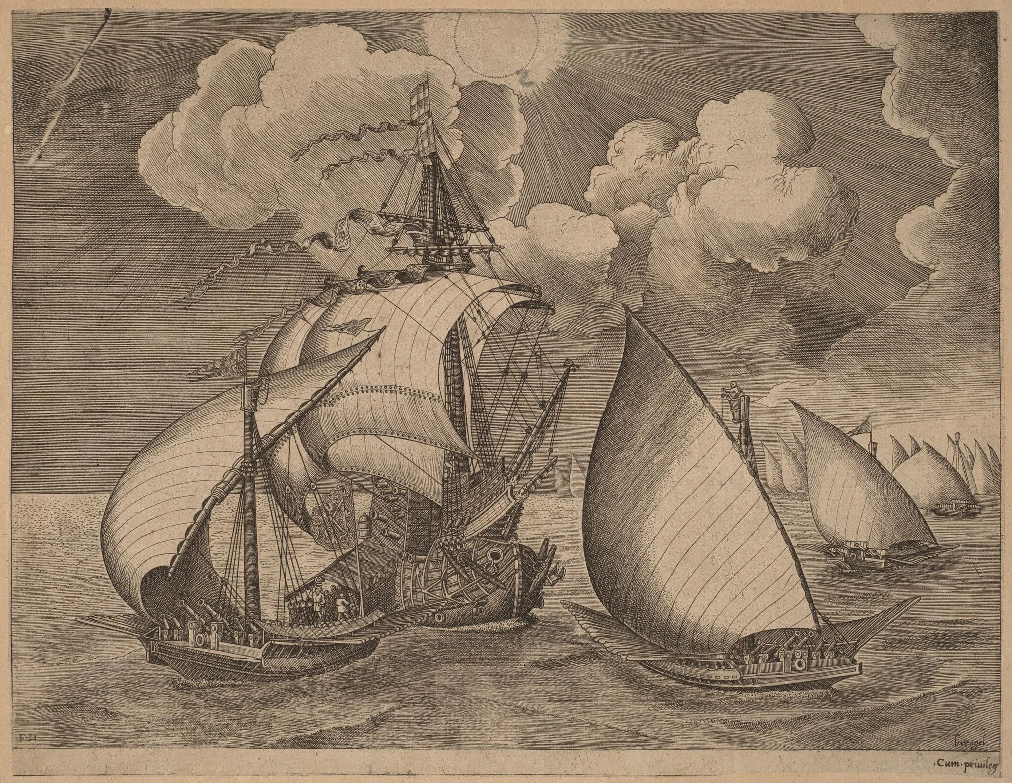 A Fleet of Galleys Escorted by a Caravel, by Frans Huys, ink, 1565