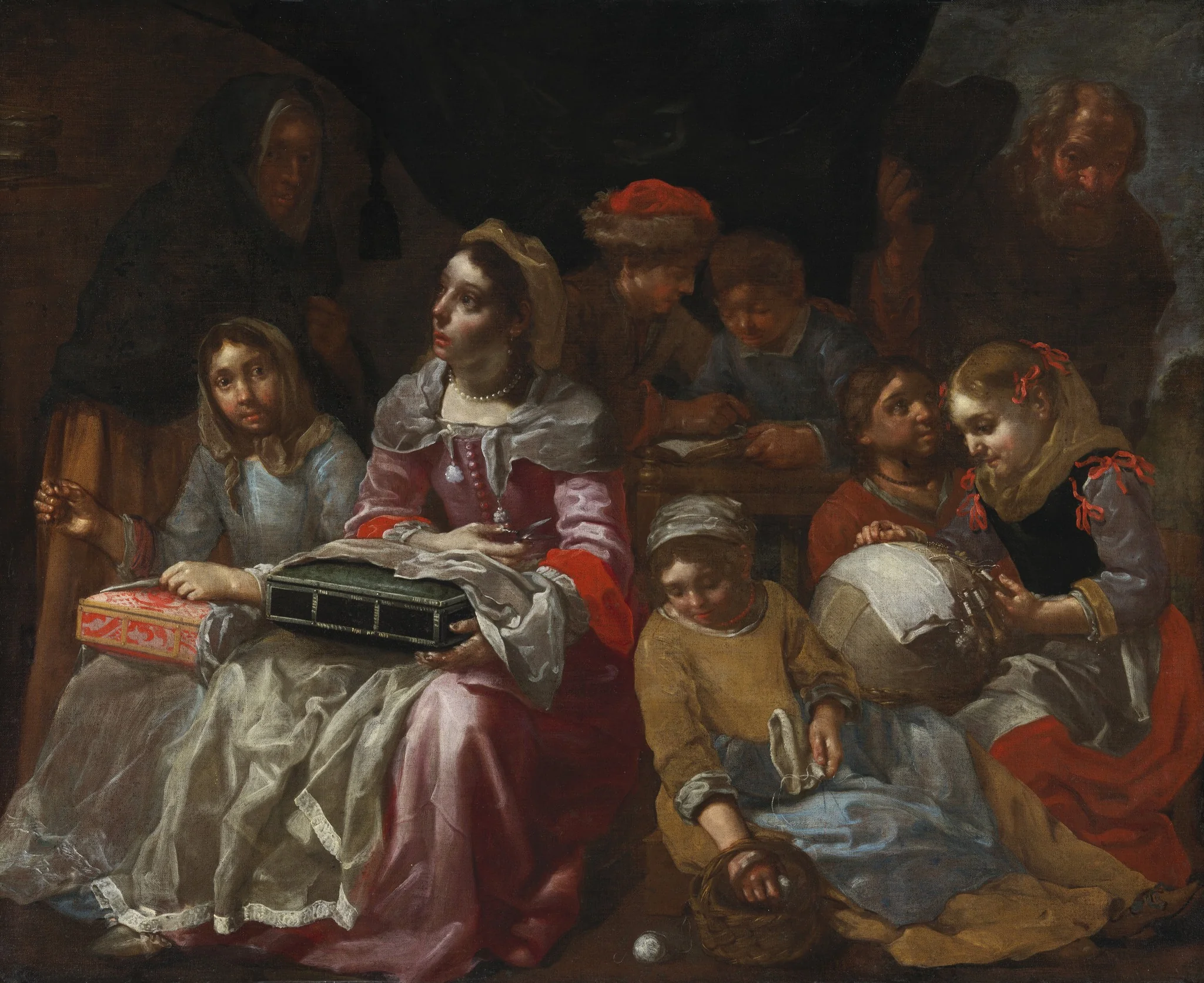The Embroidery Shop, by Bernhard Keil, oil, 1665