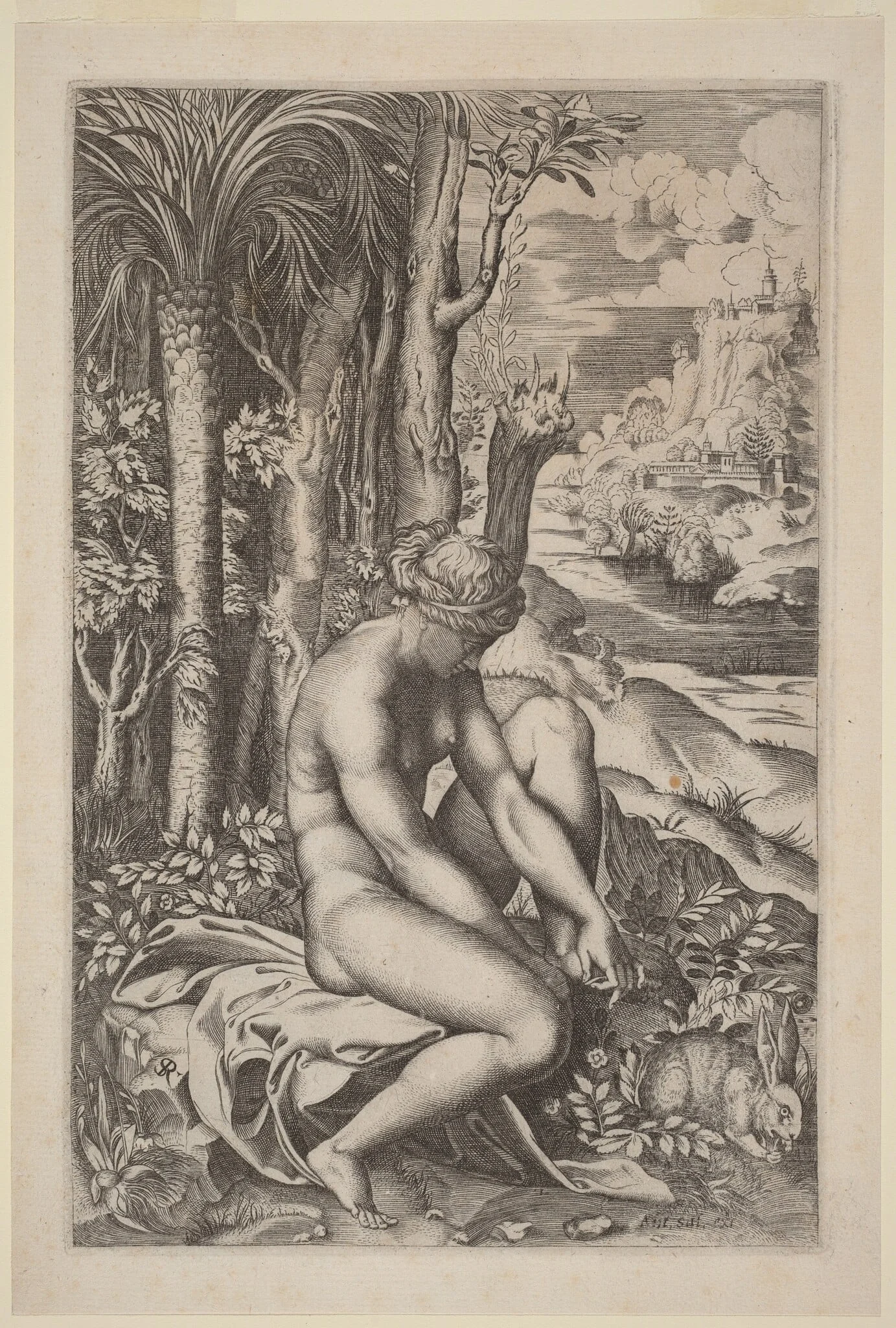 Venus Extracting a Thorn from Her Foot, by Marco Dente, ink, 1518