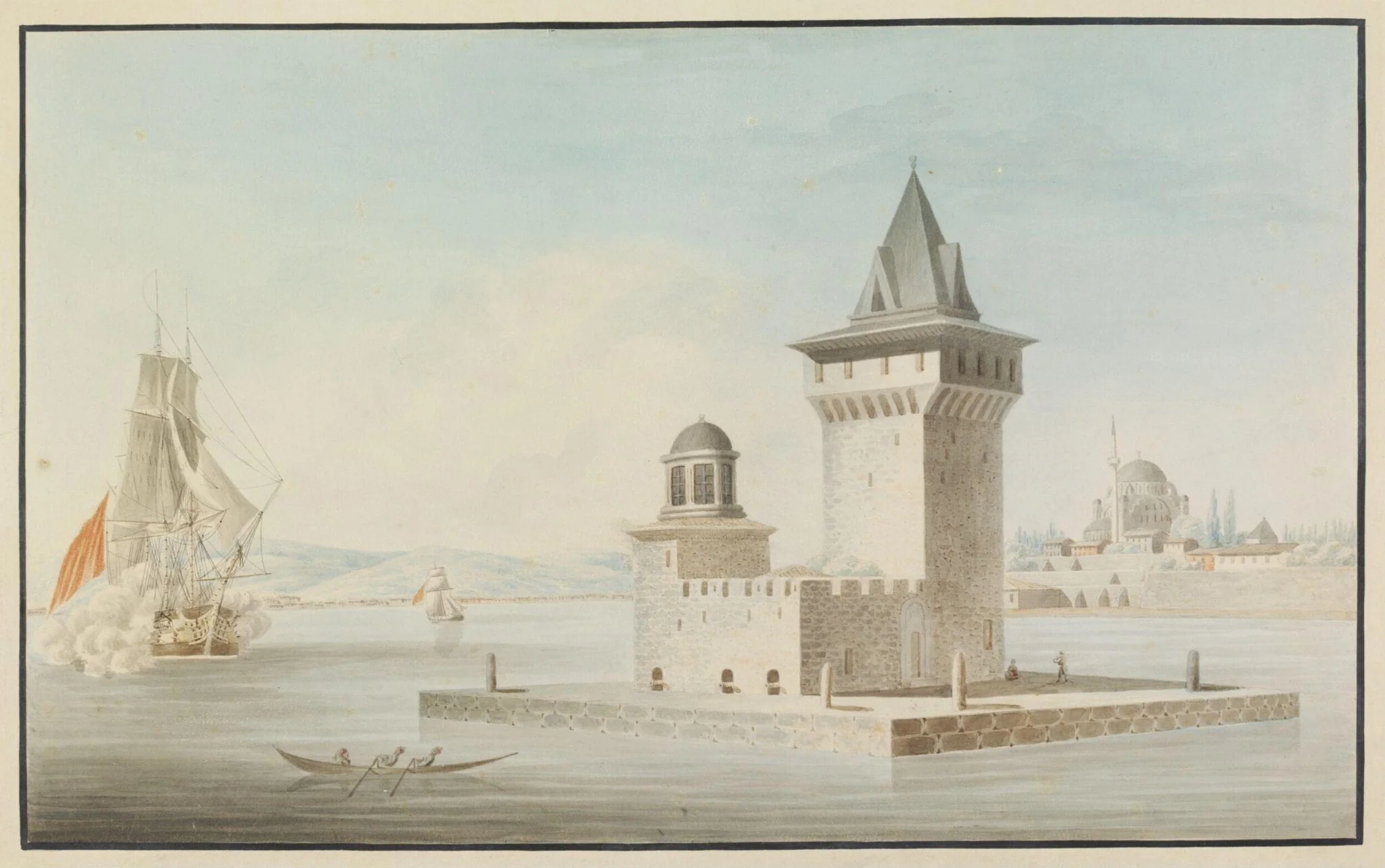 Kiz Kulesi (Leander's or Maiden's Tower) in the Bosphorus with Ayazma Camii near the shore at Üsküdar (Scutari)