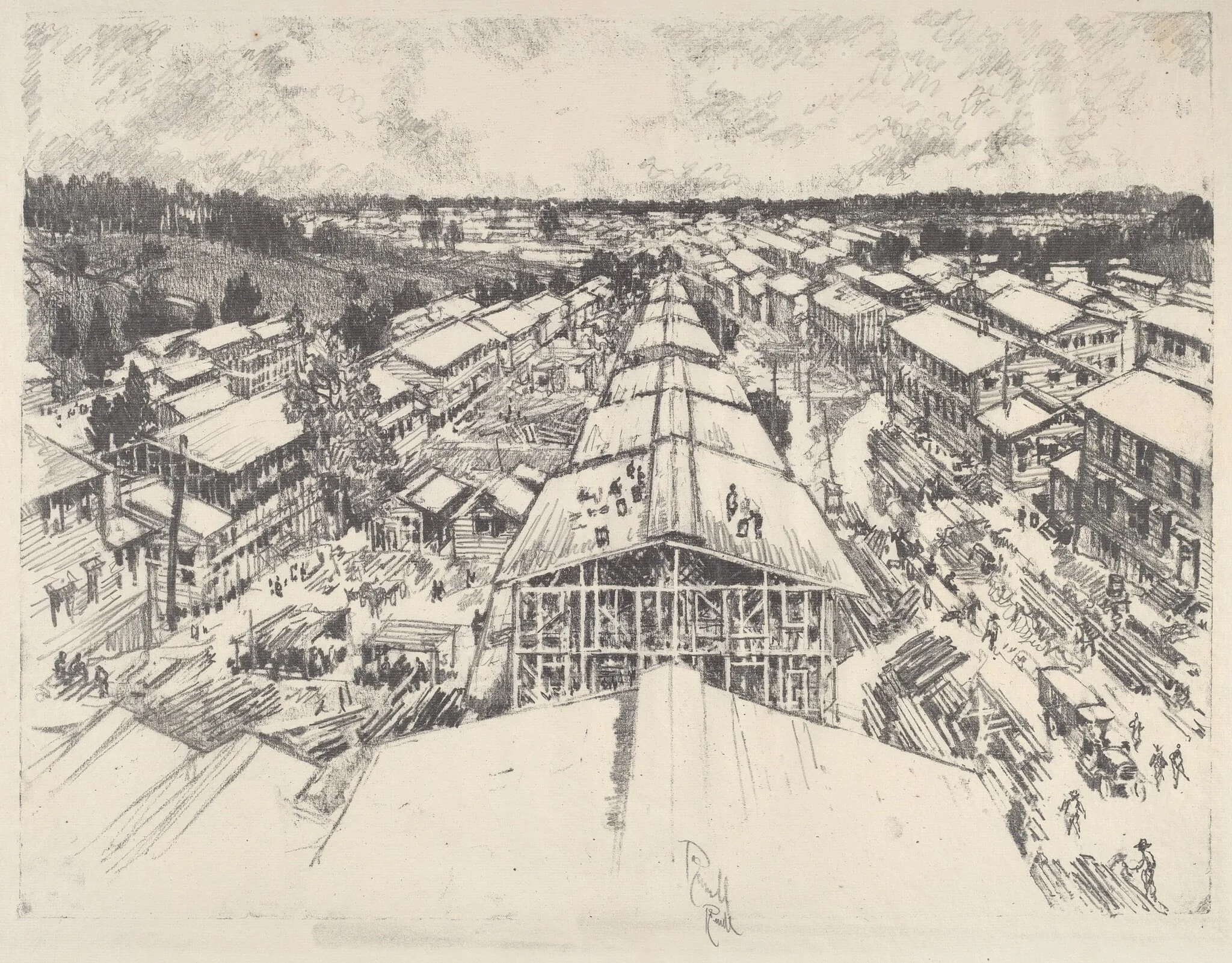 The Camp, the New Architecture, by Joseph Pennell, ink, 1917