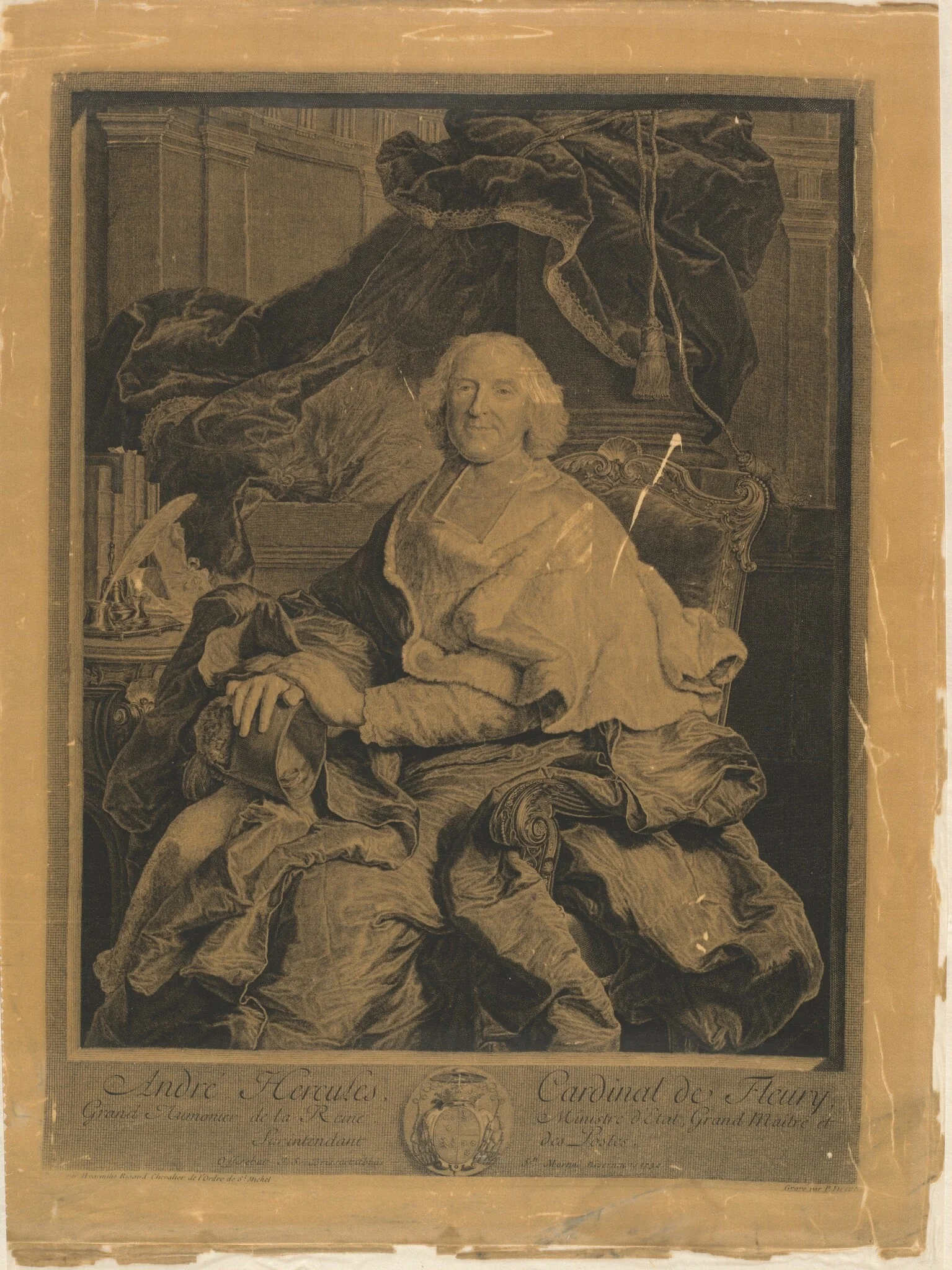 André Hercules, Cardinal de Fleury, by Pierre Drevet, ink, 1730