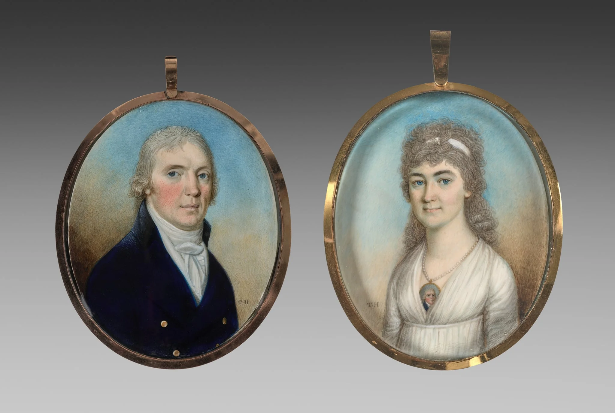 Pair of Miniatures: Portrait of a Man and Portrait of a Woman Wearing a Miniature, by Thomas Hazlehurst, unspecified, 1780