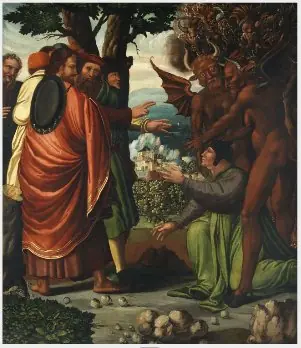 Landscape with an Angel Bearing the Crown of Martyrdom; Saint James the Greater and Hermogenes (on verso)