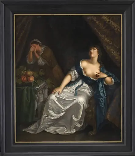 The Death of Cleopatra. Laterally reversed copy after Caspar Netscher in the Staatliche Kunsthalle in Karlsruhe