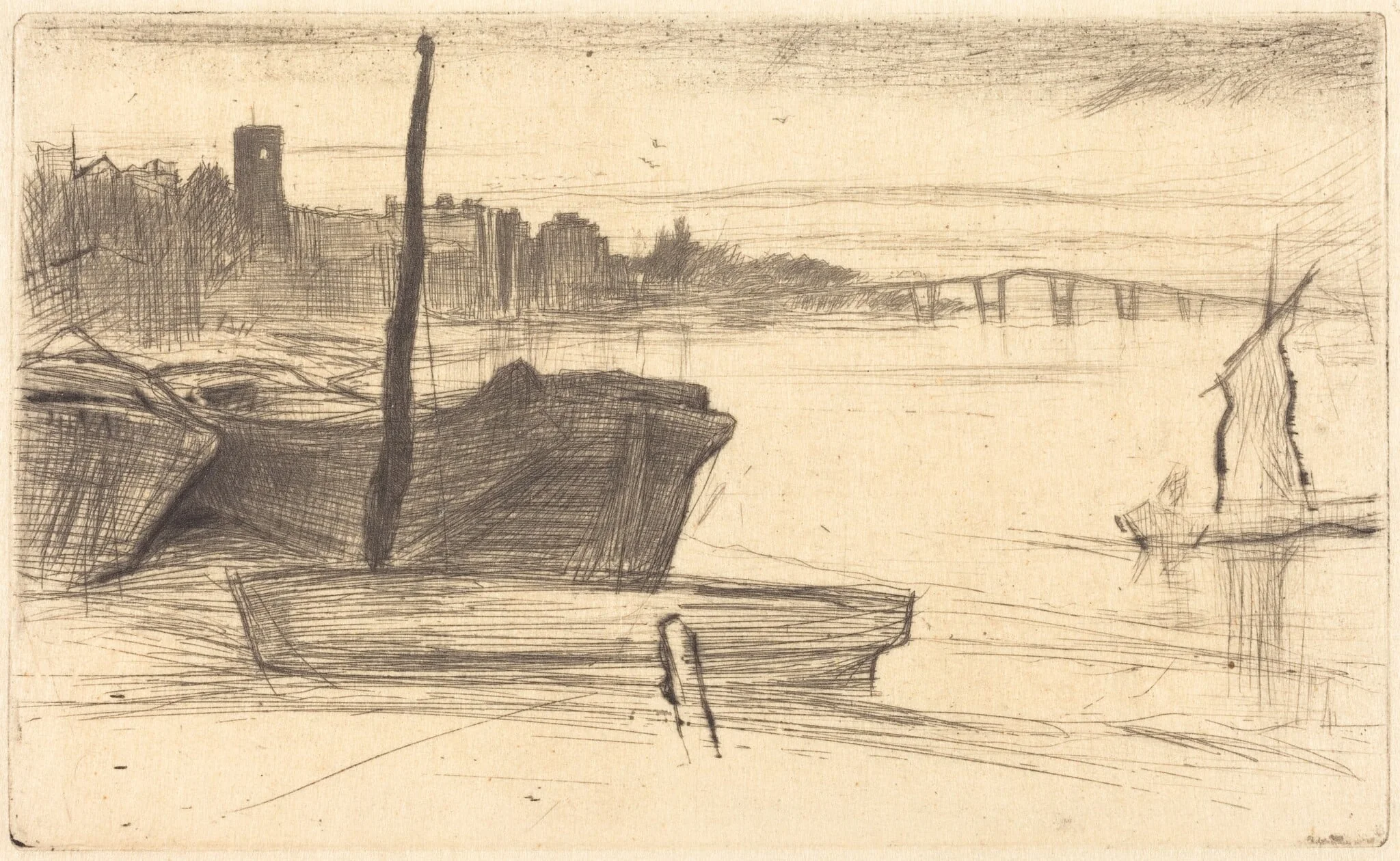 Chelsea Bridge and Church, by James McNeill Whistler, ink, 1871