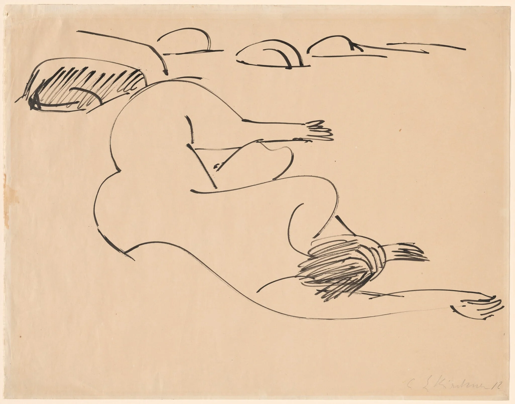 Erna Lying on the Beach among Rocks, by Ernst Ludwig Kirchner, ink, 1912
